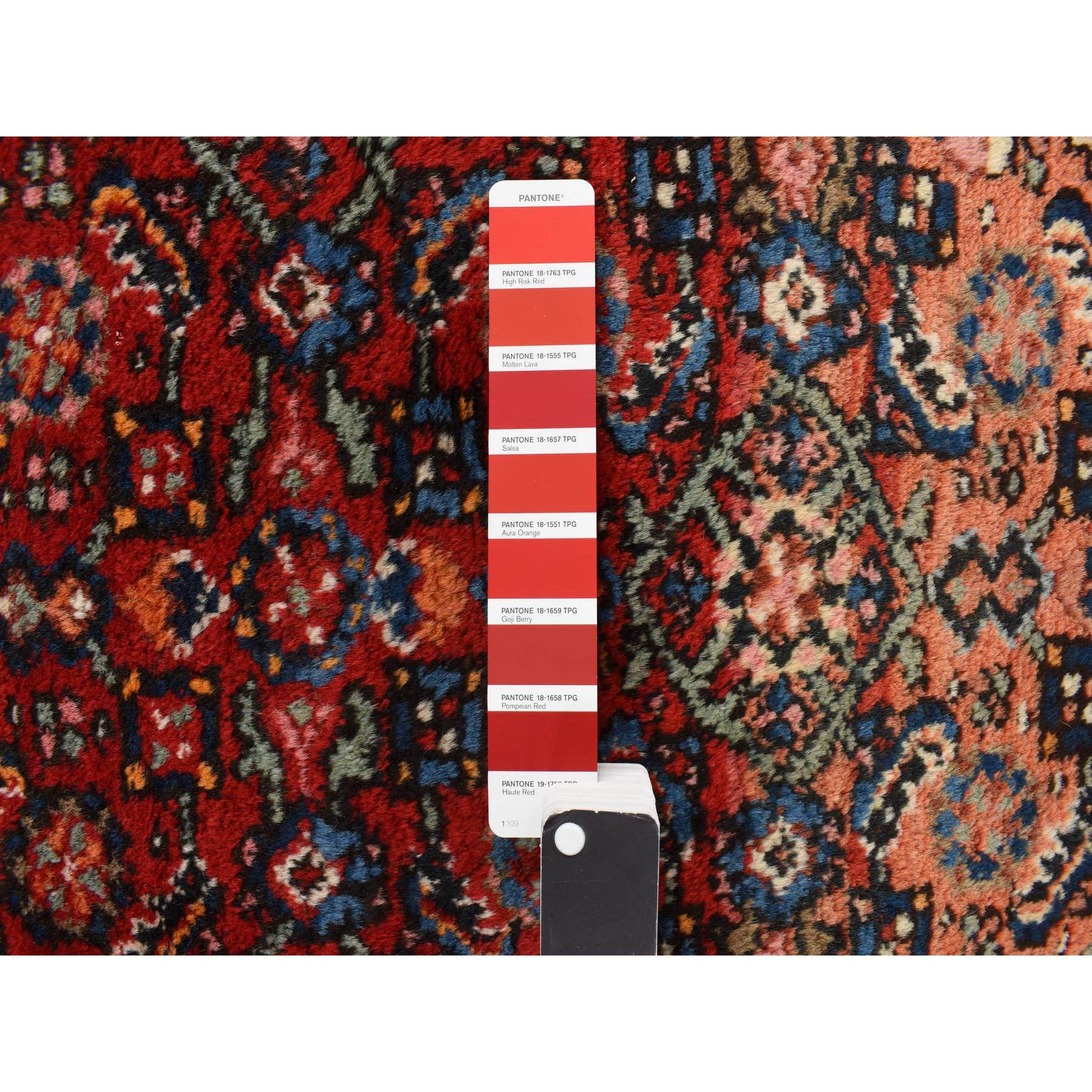 8'5"x11'3" Pompeian Red, Hand Knotted Antique Persian Hamadan, Full Pile, Clean and Soft, Distinct Abrash, Soft and Velvety Wool, Excellent Condition, Not Worn Down, Oriental Rug Sh78163