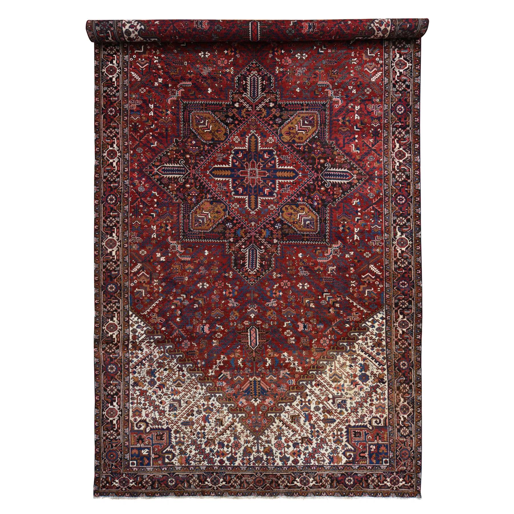10'9"x22'5" Claret Red, Semi Antique Persian Heriz, Full Pile, Clean and in Excellent Condition, Rare Long and Narrow Gallery Size, Thick and Plush, 100% Wool Hand Knotted, Oriental Rug Sh78172