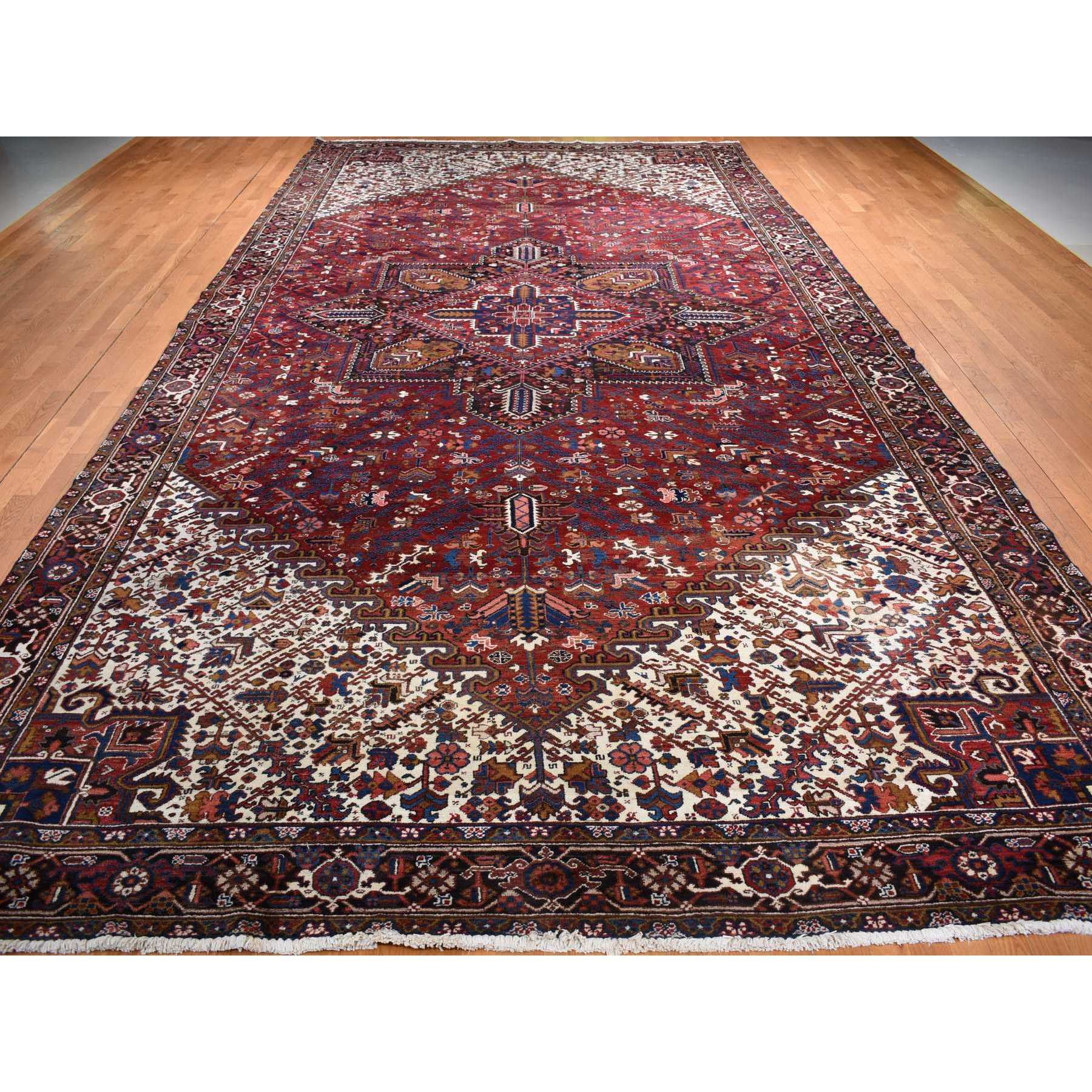 10'9"x22'5" Claret Red, Semi Antique Persian Heriz, Full Pile, Clean and in Excellent Condition, Rare Long and Narrow Gallery Size, Thick and Plush, 100% Wool Hand Knotted, Oriental Rug Sh78172