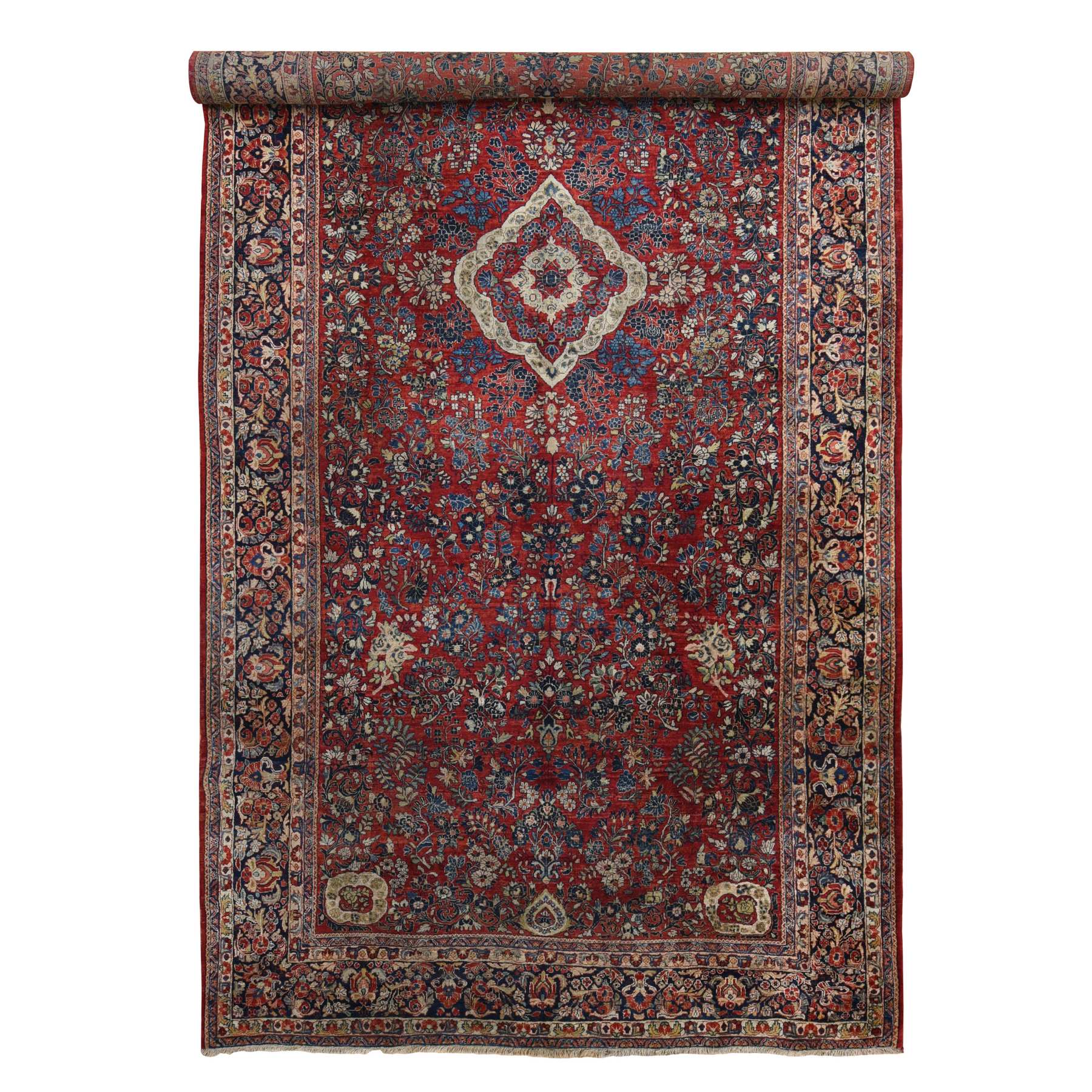 9'x19'4" Barn Red With Colorful Border, Antique Persian Sarouk Flower Bouquet Design, Long And Narrow Rare Gallery Size, Full Pile, Clean and Soft, Sides and Ends Professionally Secured, Hand Knotted Natural Wool Oriental Rug Sh78173