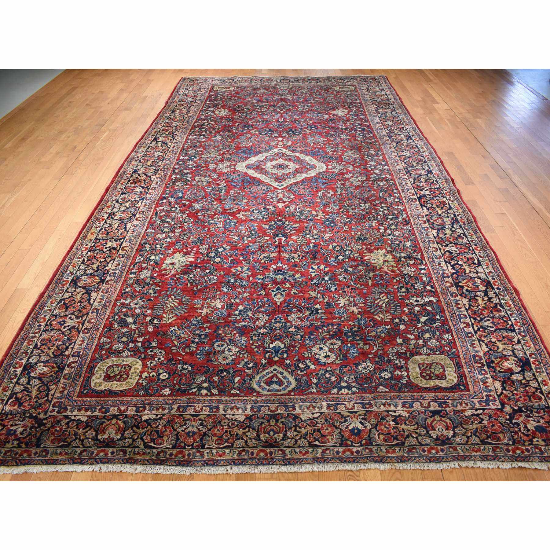 9'x19'4" Barn Red With Colorful Border, Antique Persian Sarouk Flower Bouquet Design, Long And Narrow Rare Gallery Size, Full Pile, Clean and Soft, Sides and Ends Professionally Secured, Hand Knotted Natural Wool Oriental Rug Sh78173