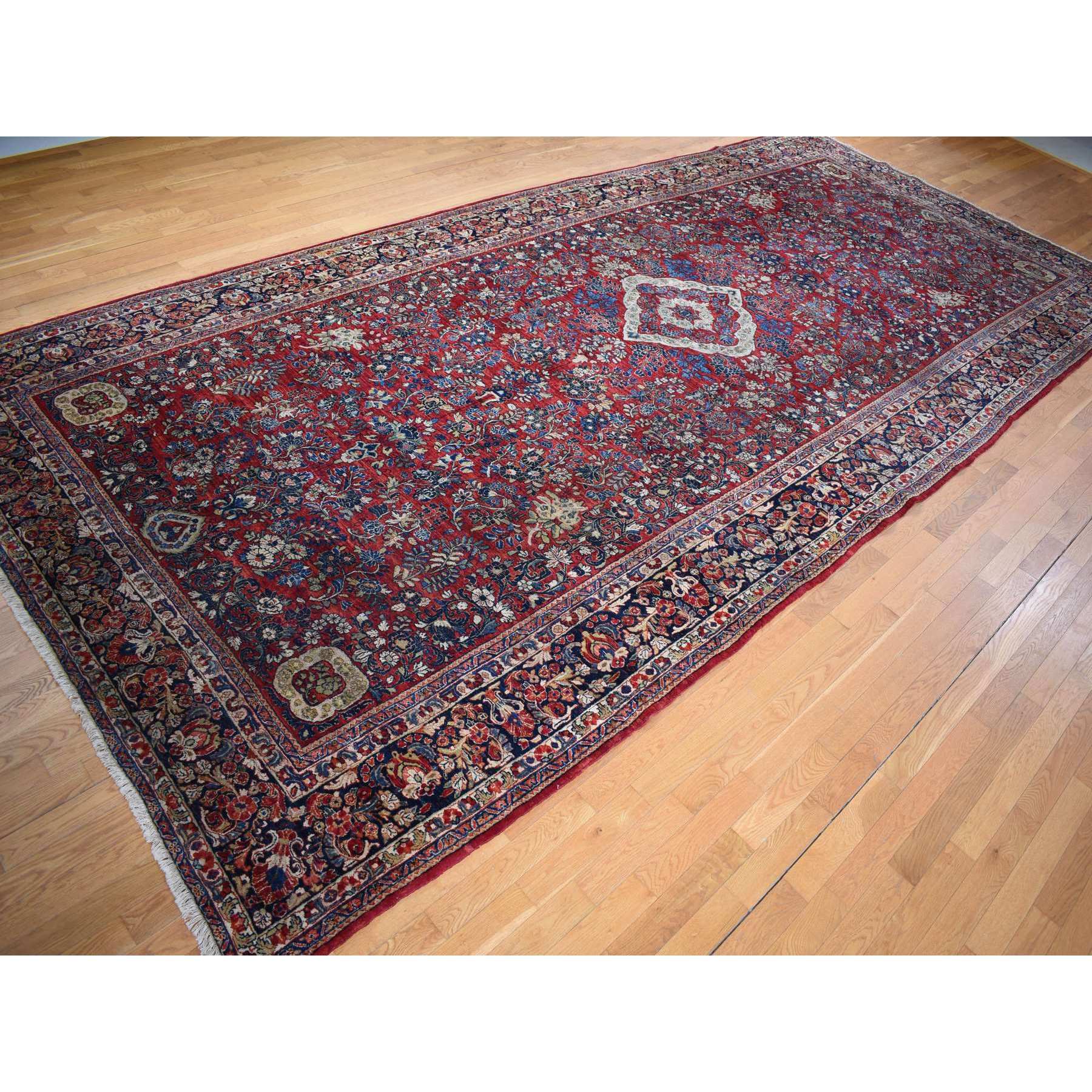 9'x19'4" Barn Red With Colorful Border, Antique Persian Sarouk Flower Bouquet Design, Long And Narrow Rare Gallery Size, Full Pile, Clean and Soft, Sides and Ends Professionally Secured, Hand Knotted Natural Wool Oriental Rug Sh78173