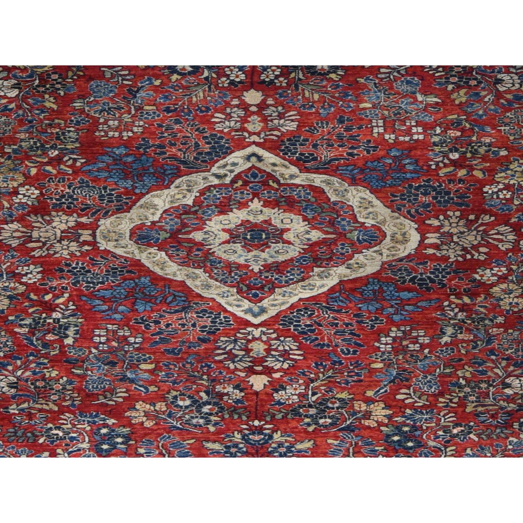 9'x19'4" Barn Red With Colorful Border, Antique Persian Sarouk Flower Bouquet Design, Long And Narrow Rare Gallery Size, Full Pile, Clean and Soft, Sides and Ends Professionally Secured, Hand Knotted Natural Wool Oriental Rug Sh78173