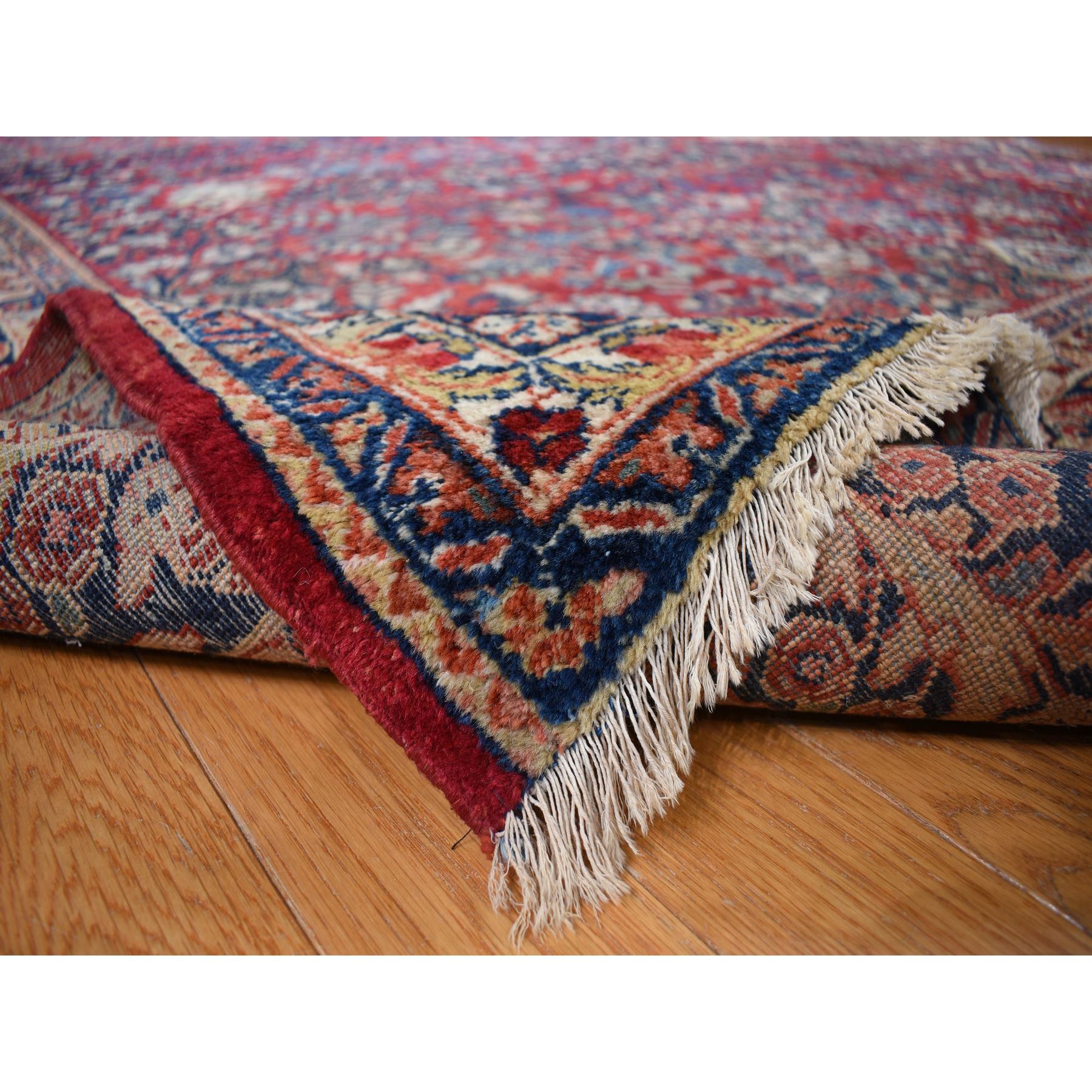 9'x19'4" Barn Red With Colorful Border, Antique Persian Sarouk Flower Bouquet Design, Long And Narrow Rare Gallery Size, Full Pile, Clean and Soft, Sides and Ends Professionally Secured, Hand Knotted Natural Wool Oriental Rug Sh78173