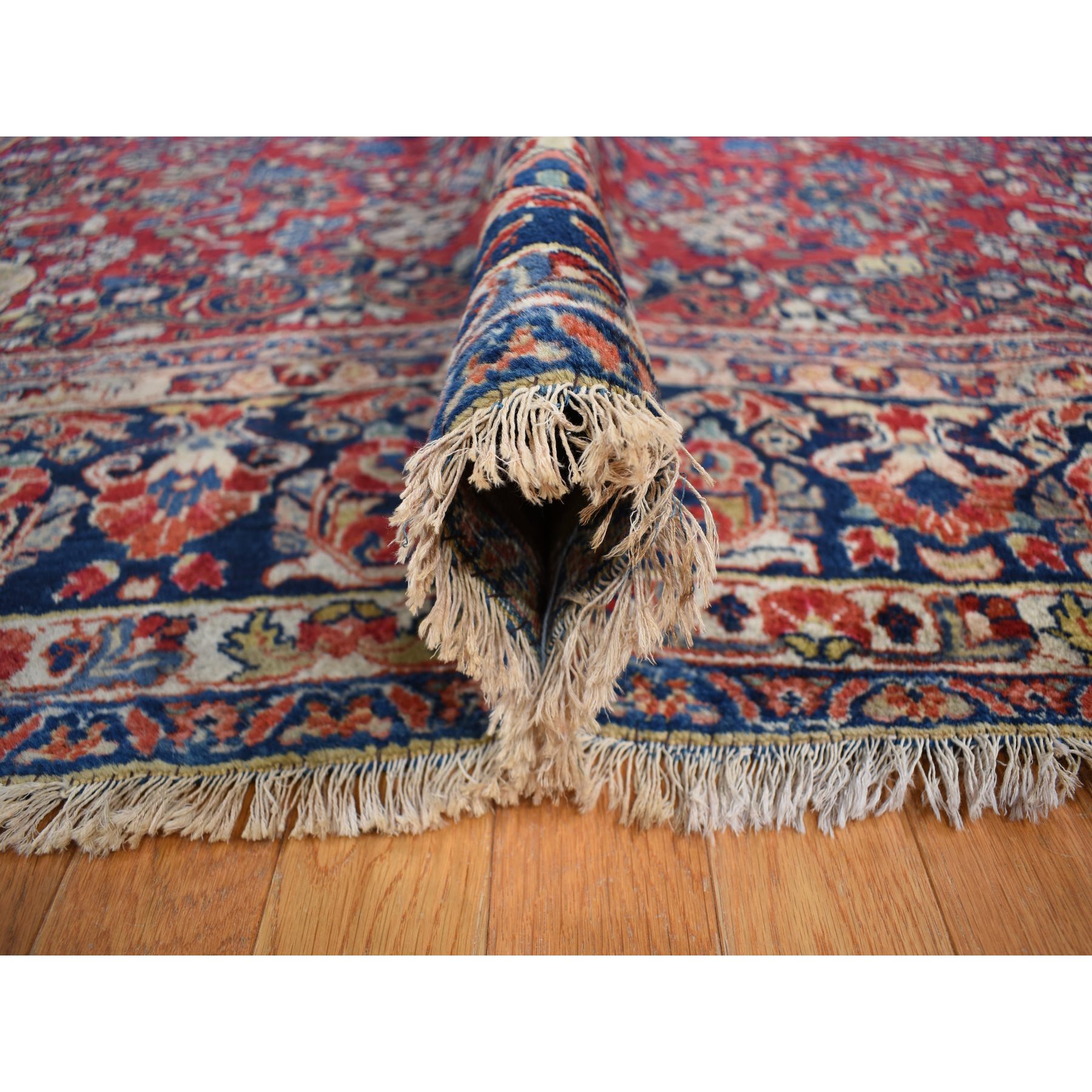 9'x19'4" Barn Red With Colorful Border, Antique Persian Sarouk Flower Bouquet Design, Long And Narrow Rare Gallery Size, Full Pile, Clean and Soft, Sides and Ends Professionally Secured, Hand Knotted Natural Wool Oriental Rug Sh78173