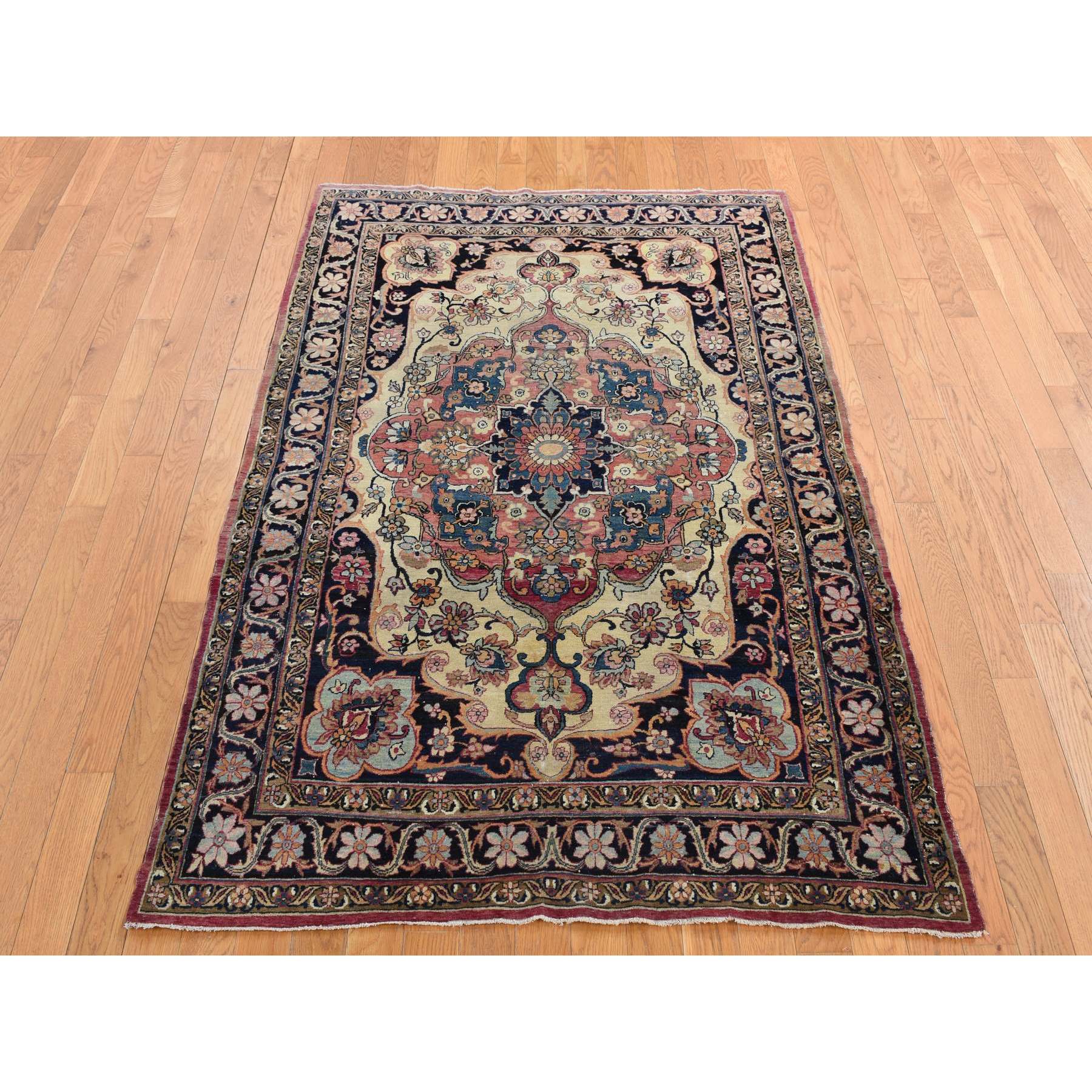4'2"x6'4" Tottenham Navy Blue, Antique Persian Lavar Kerman in Good Condition, Medallion Design with Even Wear, 100% Wool, Hand Knotted Oriental Rug Sh78181