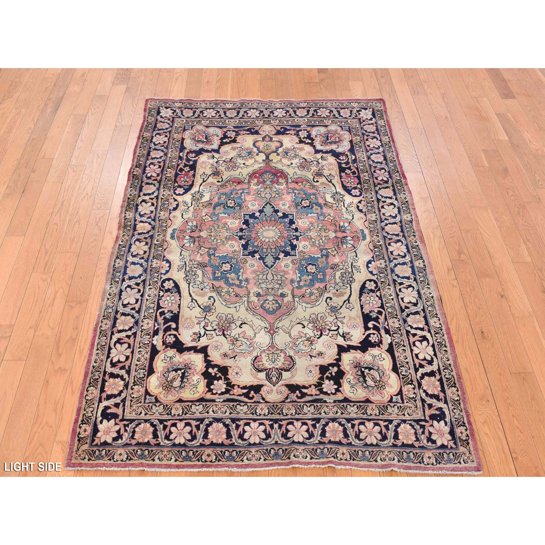 4'2"x6'4" Tottenham Navy Blue, Antique Persian Lavar Kerman in Good Condition, Medallion Design with Even Wear, 100% Wool, Hand Knotted Oriental Rug Sh78181