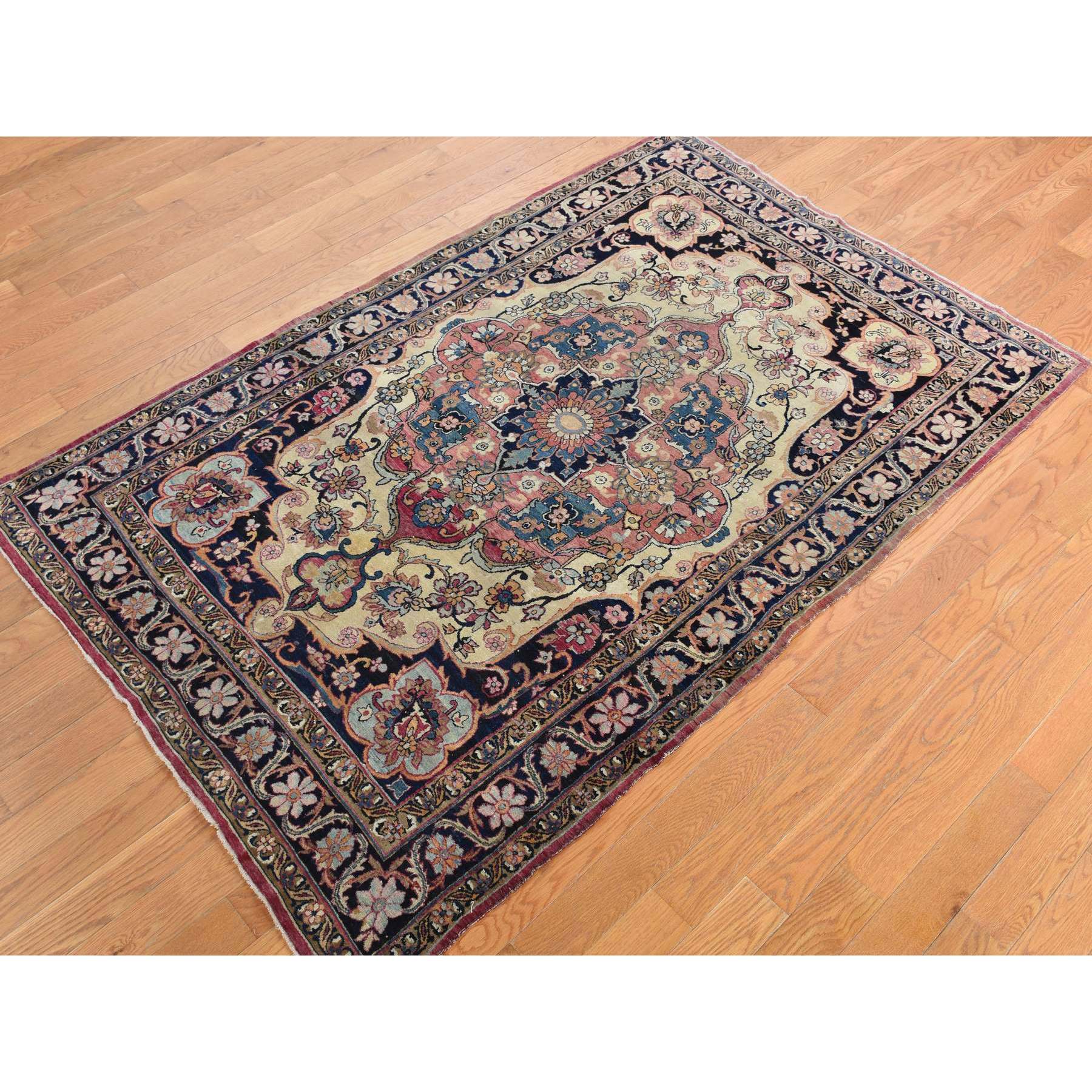 4'2"x6'4" Tottenham Navy Blue, Antique Persian Lavar Kerman in Good Condition, Medallion Design with Even Wear, 100% Wool, Hand Knotted Oriental Rug Sh78181