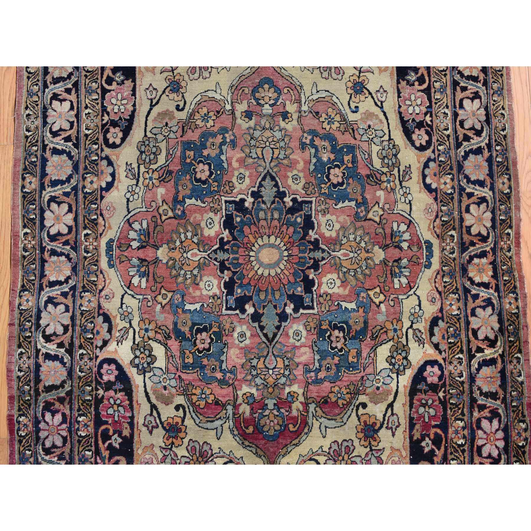 4'2"x6'4" Tottenham Navy Blue, Antique Persian Lavar Kerman in Good Condition, Medallion Design with Even Wear, 100% Wool, Hand Knotted Oriental Rug Sh78181