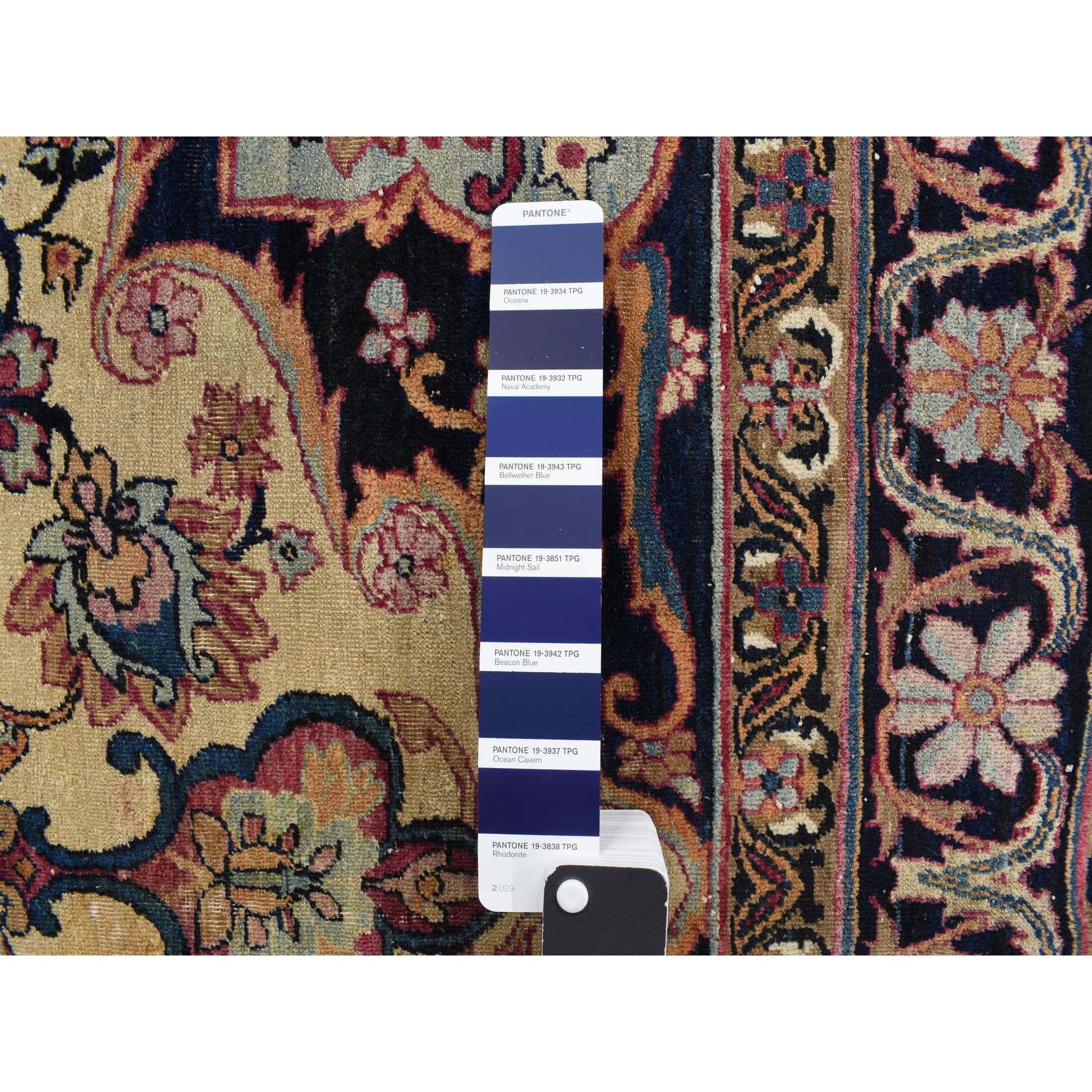 4'2"x6'4" Tottenham Navy Blue, Antique Persian Lavar Kerman in Good Condition, Medallion Design with Even Wear, 100% Wool, Hand Knotted Oriental Rug Sh78181