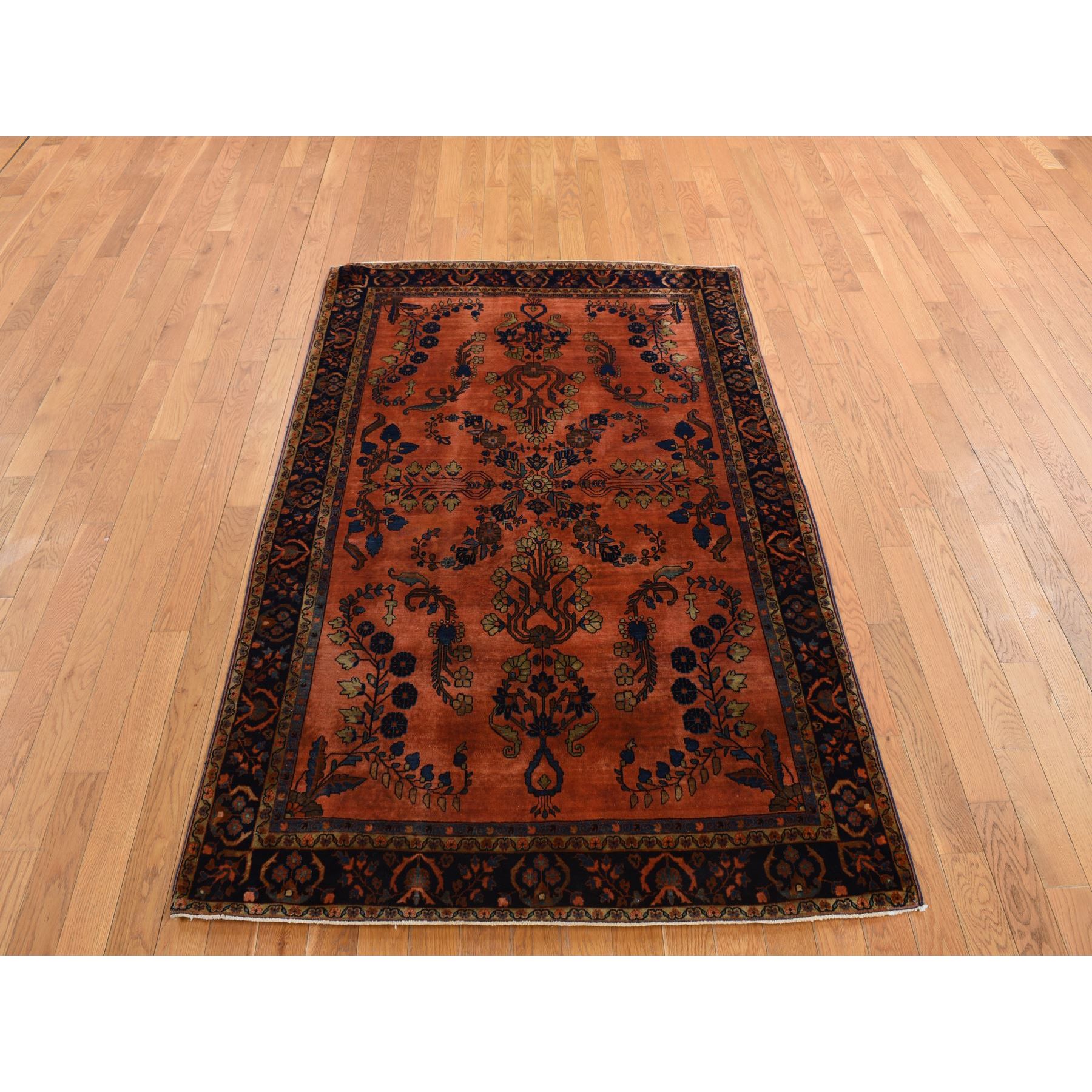 4'2"x6'4" Orange Rust, Antique Persian Sarouk Mohajoren in Good Condition, 100% Wool, Hand Knotted, Clean with Soft Pile Oriental Rug Sh78183