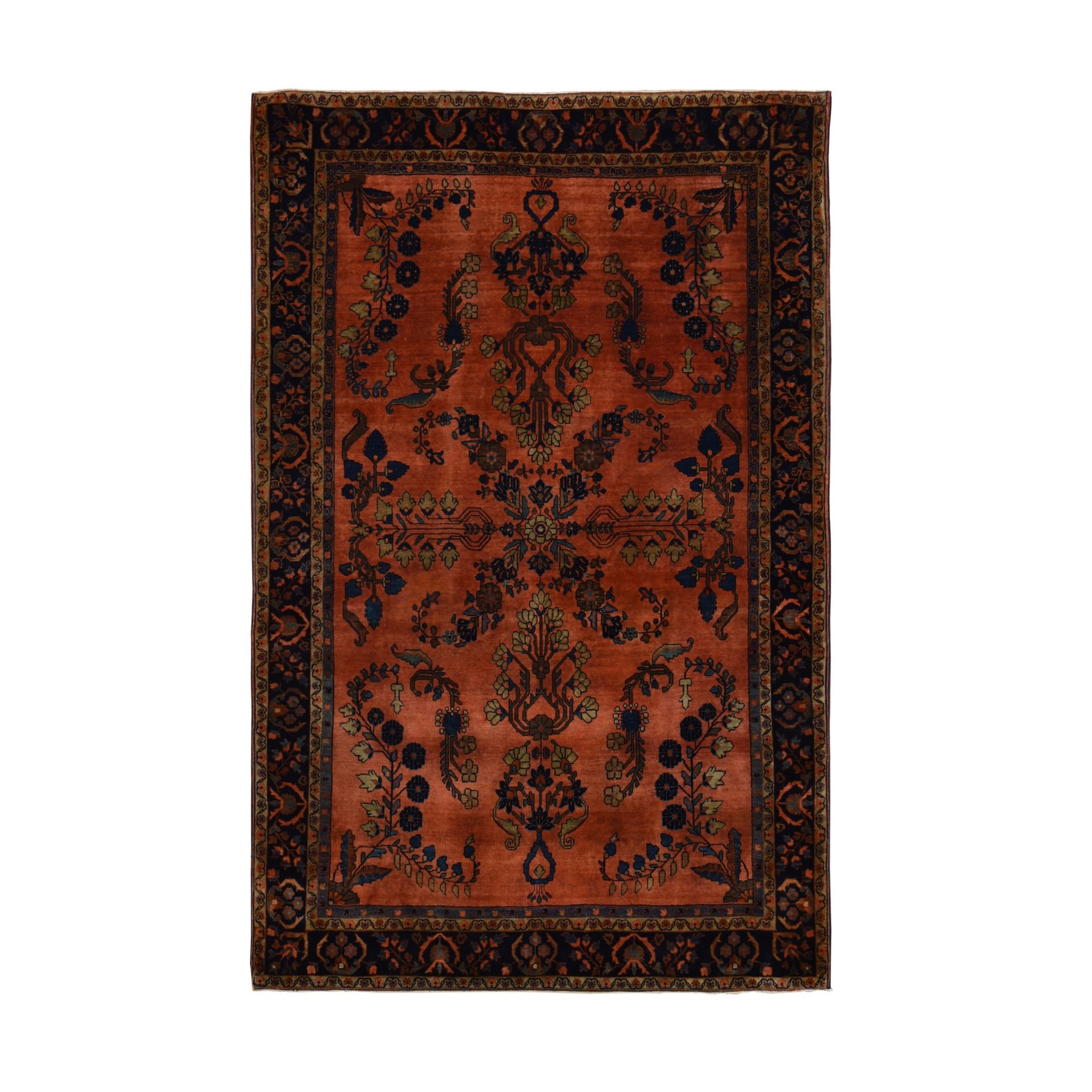 4'2"x6'4" Orange Rust, Antique Persian Sarouk Mohajoren in Good Condition, 100% Wool, Hand Knotted, Clean with Soft Pile Oriental Rug Sh78183