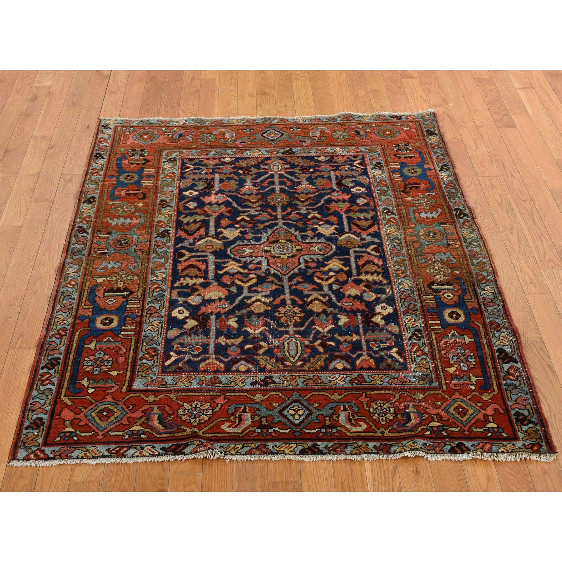 4'6"x5'6" Space Cadet Blue, Antique Persian Heriz in Good Condition, Even Wear, Wide Serapi Borders, 100% Wool, Hand Knotted Oriental Rug Sh78184