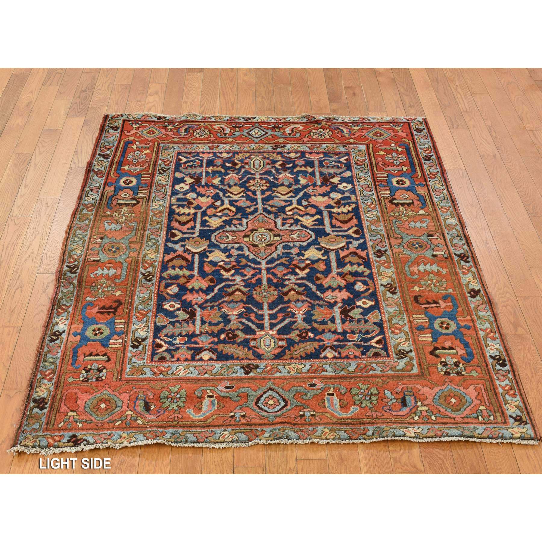 4'6"x5'6" Space Cadet Blue, Antique Persian Heriz in Good Condition, Even Wear, Wide Serapi Borders, 100% Wool, Hand Knotted Oriental Rug Sh78184