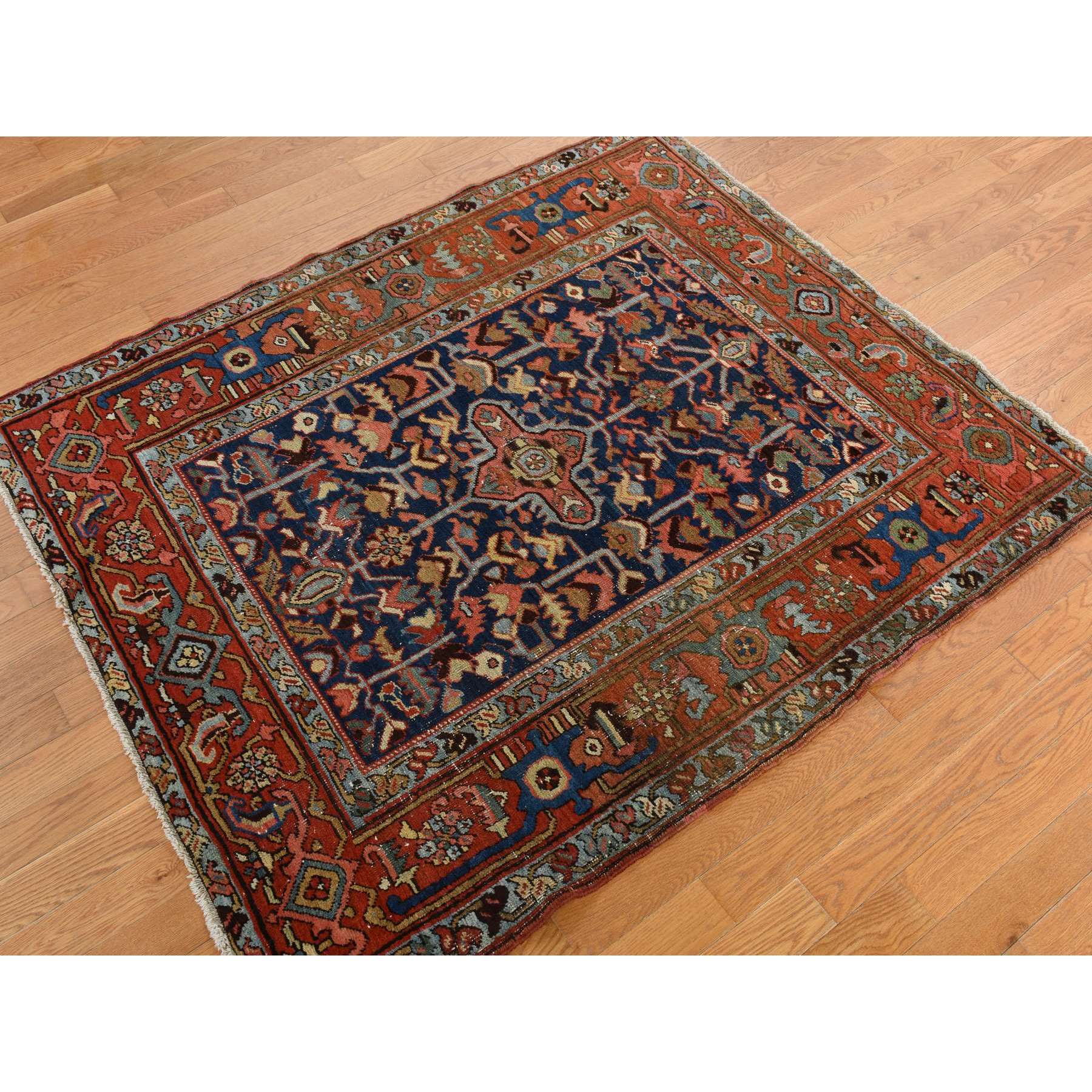 4'6"x5'6" Space Cadet Blue, Antique Persian Heriz in Good Condition, Even Wear, Wide Serapi Borders, 100% Wool, Hand Knotted Oriental Rug Sh78184
