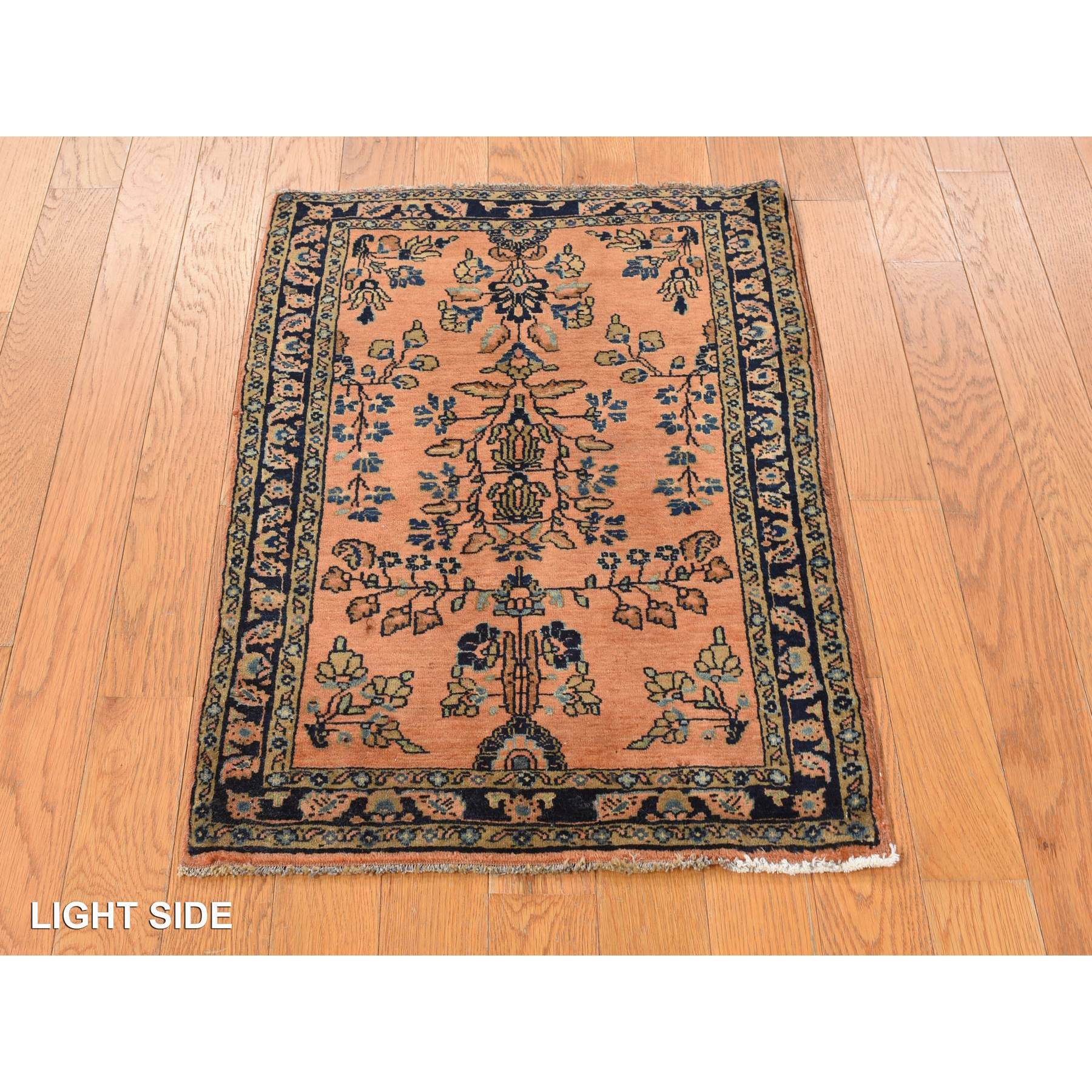 1'10"x2'8" Shrimp Red, Hand Knotted Antique Persian Mohajaran Sarouk Mat in Good Condition, Even Wear, Pure Wool, Oriental Rug Sh78186