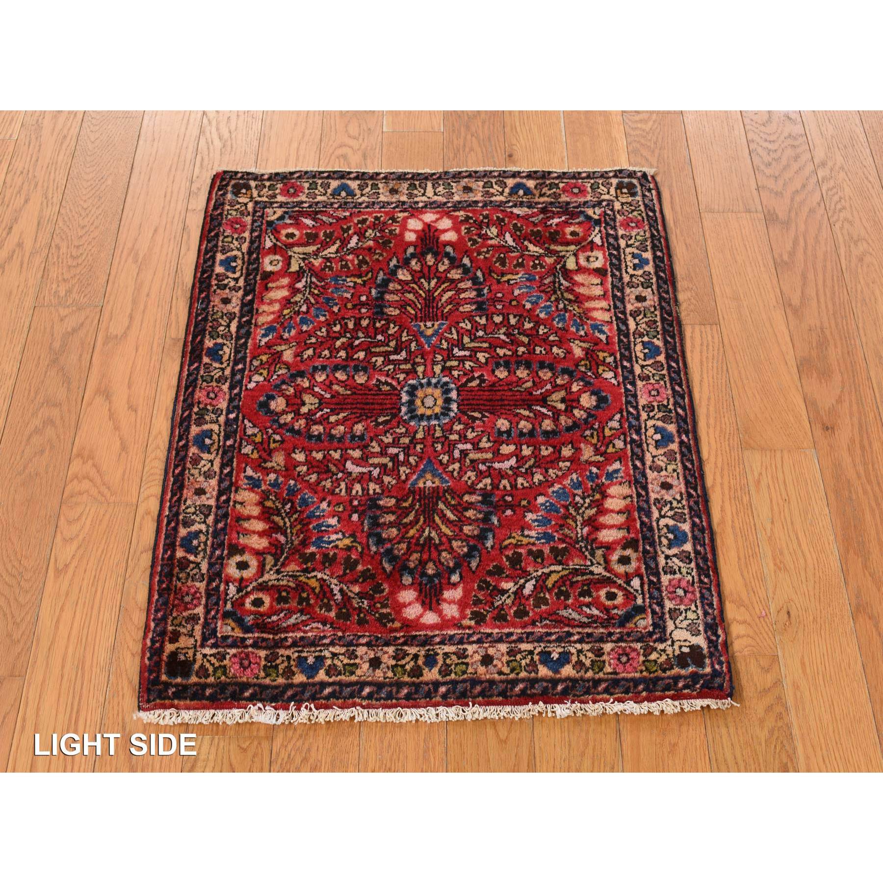 2'x2'6" Jalapeno Red, Hand Knotted Mat In Good Condition, Antique Persian Sarouk Even Wear, Natural Wool, Oriental Rug Sh78187