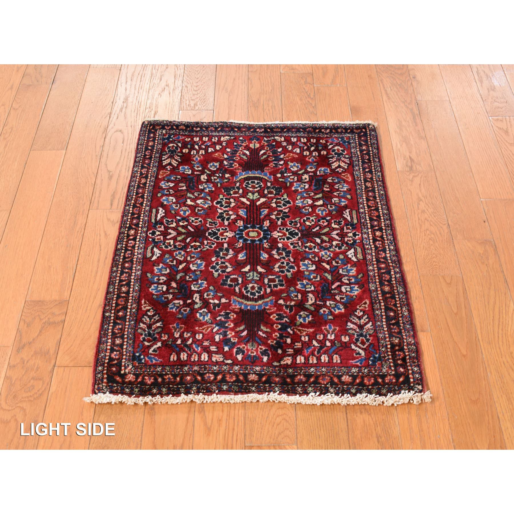 1'10"x2'6" Dahlia Red, Antique Persian Sarouk, Organic Wool, Hand Knotted Even Wear, Mat In Good Condition, Oriental Rug Sh78188