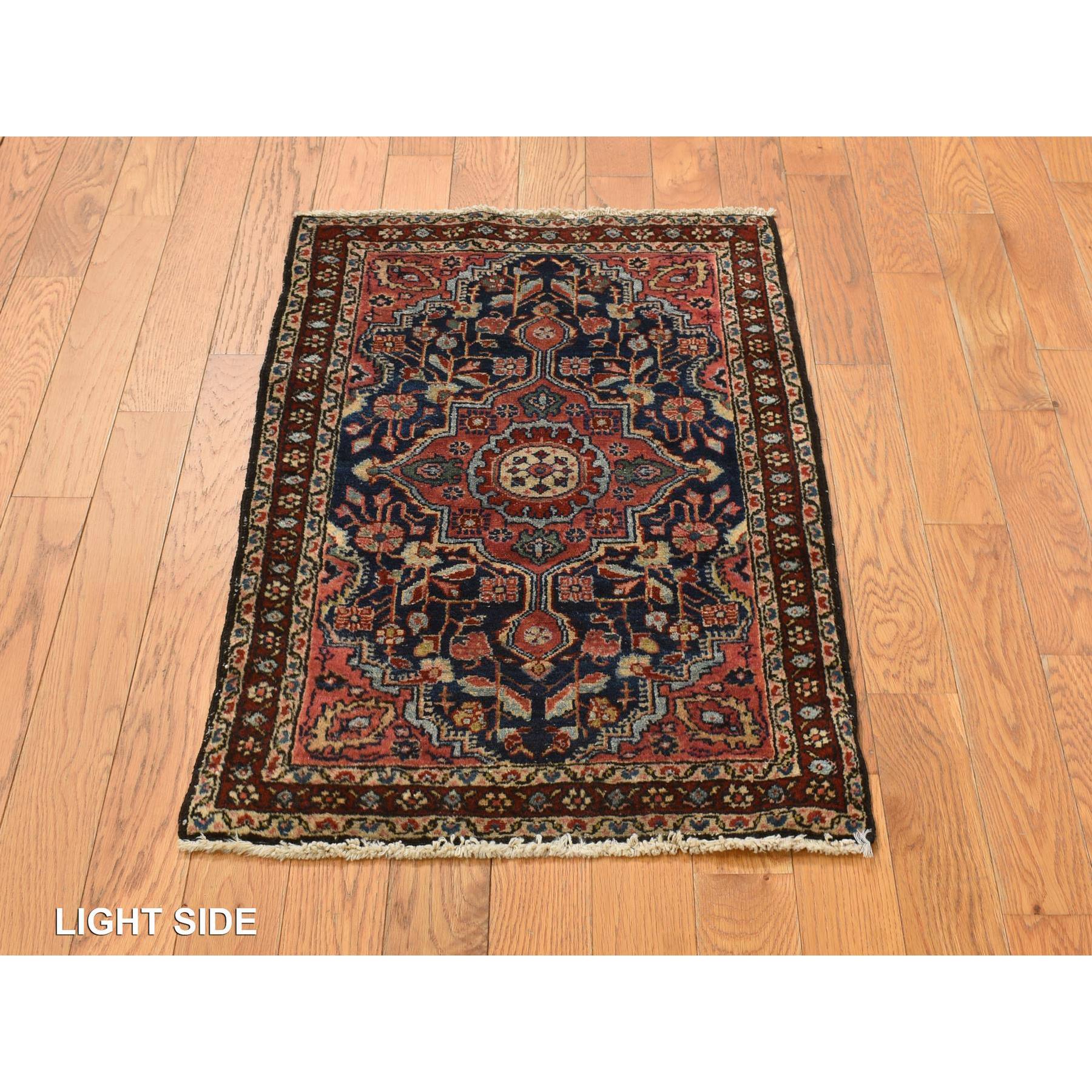 2'x2'10" Prussian Blue and Winery Red, Antique Persian Sarouk, Hand Knotted 100% Wool, Even Wear, Good Condition, Oriental Mat Rug Sh78189