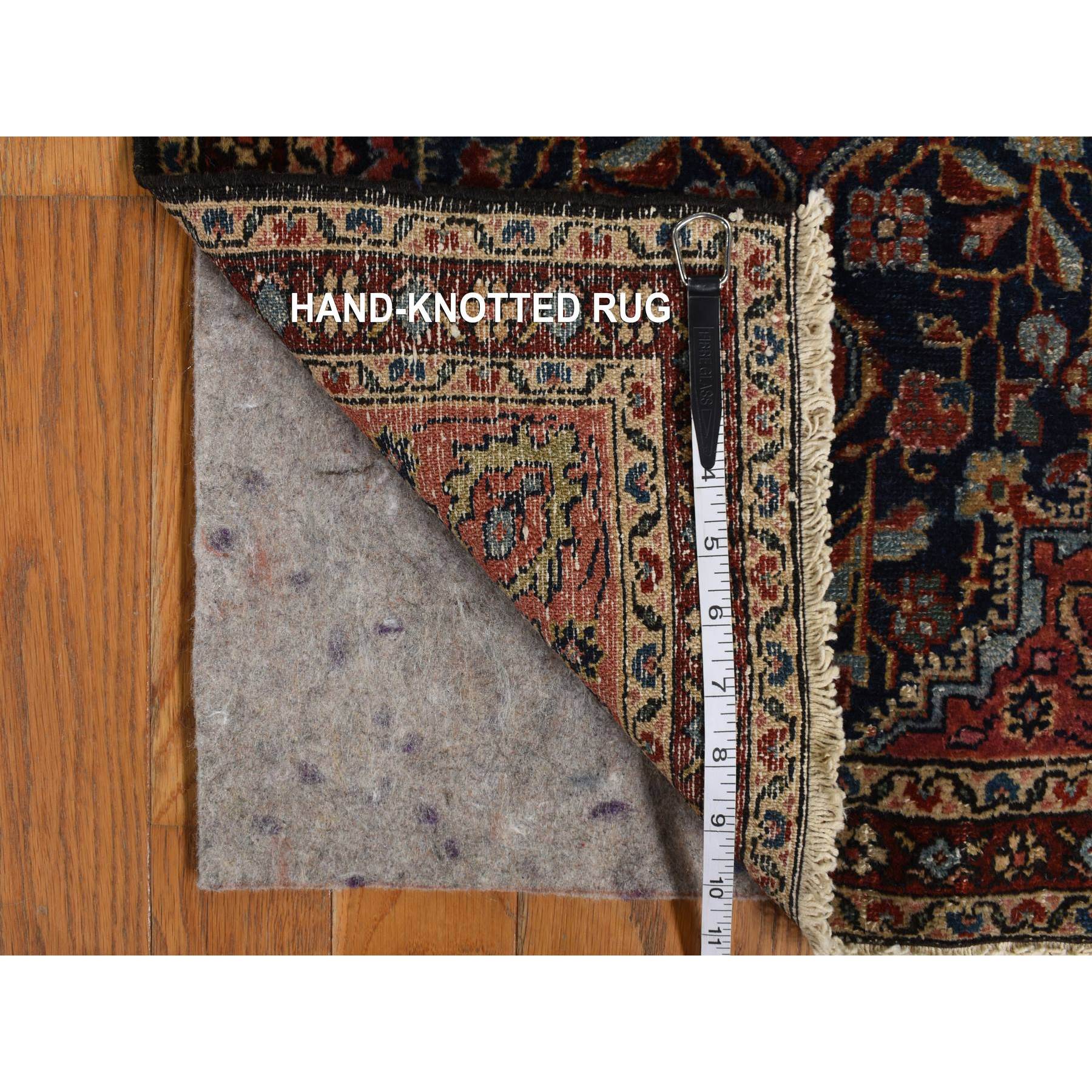 2'x2'10" Prussian Blue and Winery Red, Antique Persian Sarouk, Hand Knotted 100% Wool, Even Wear, Good Condition, Oriental Mat Rug Sh78189