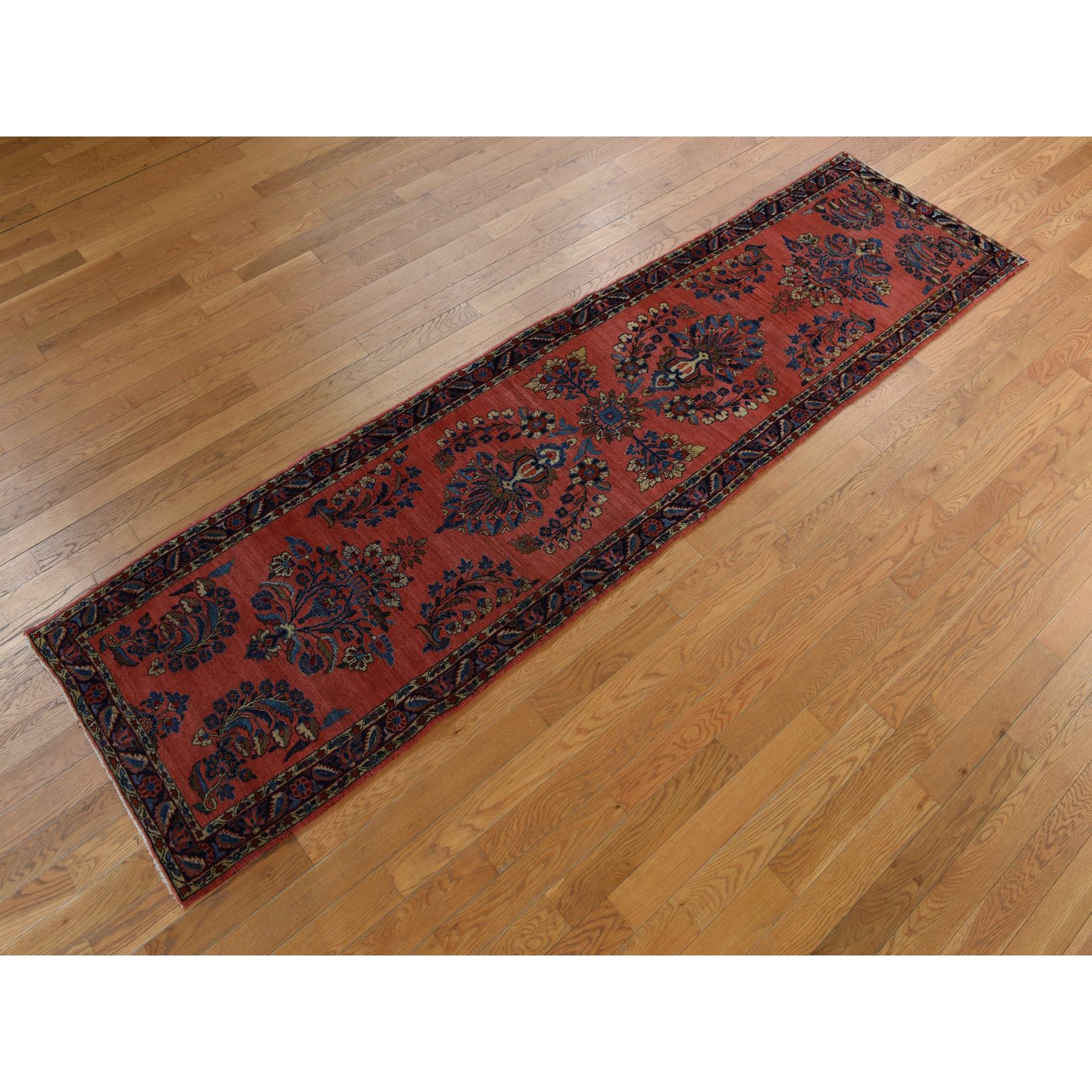 2'7"x10' Prismatic Red, Antique Persian Sarouk Mohajeren in Excellent Condition, Clean, Full Pile and Soft, Sides and Ends Professionally Secured, 100% Wool, Hand Knotted, Runner, Oriental Rug Sh78230