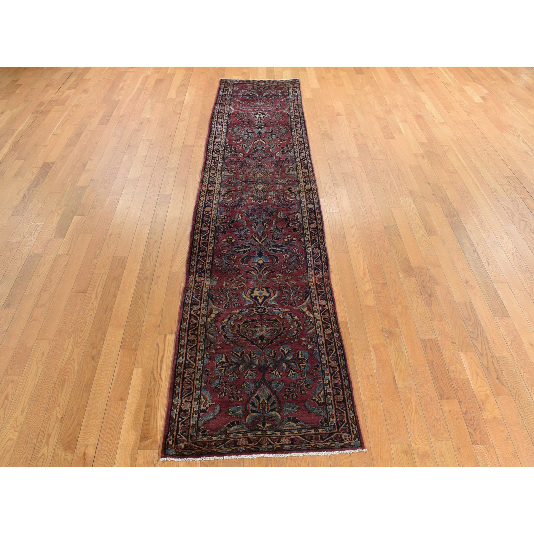 2'7"x13'4" Cardinal Purple, Antique Persian Sarouk in Good Condition, 100% Wool, Hand Knotted, Full Pile, Clean, Sides and Ends Professionally Secured, Runner, Oriental Rug Sh78231