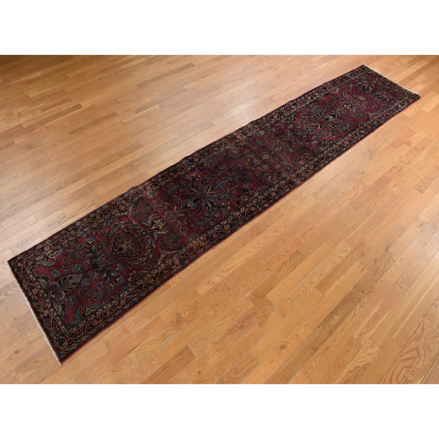 2'7"x13'4" Cardinal Purple, Antique Persian Sarouk in Good Condition, 100% Wool, Hand Knotted, Full Pile, Clean, Sides and Ends Professionally Secured, Runner, Oriental Rug Sh78231