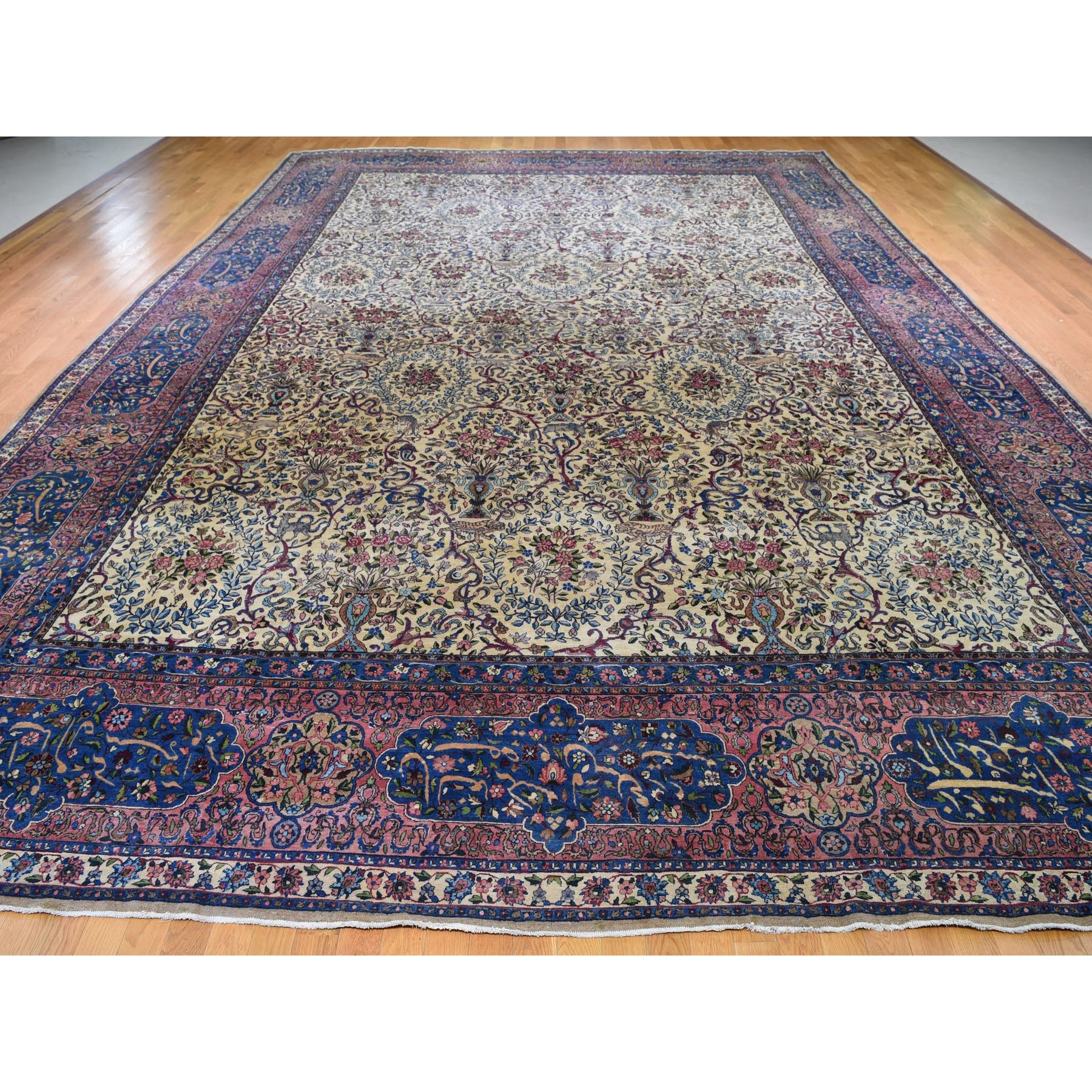 13'5"x19'8" Alabaster White, Antique Persian Kerman with Poetry and Animal Figurines, Birds and Tigers, Hand Knotted, Pure Wool, Oversized Oriental Rug Sh78265