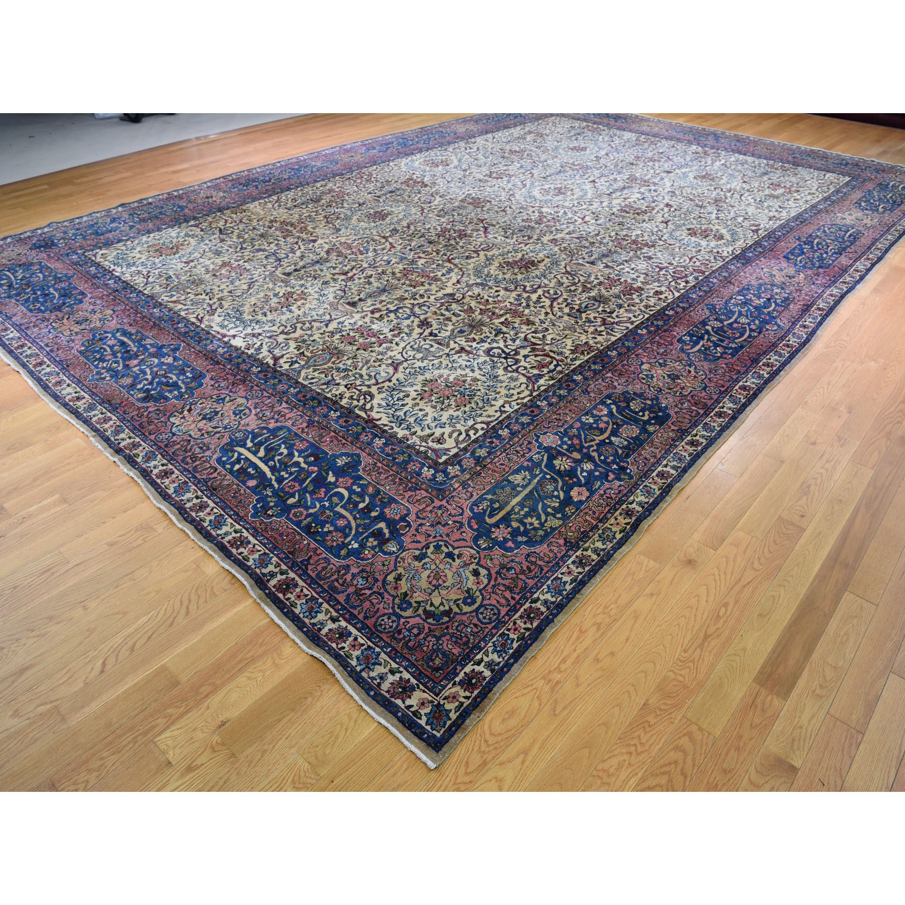 13'5"x19'8" Alabaster White, Antique Persian Kerman with Poetry and Animal Figurines, Birds and Tigers, Hand Knotted, Pure Wool, Oversized Oriental Rug Sh78265