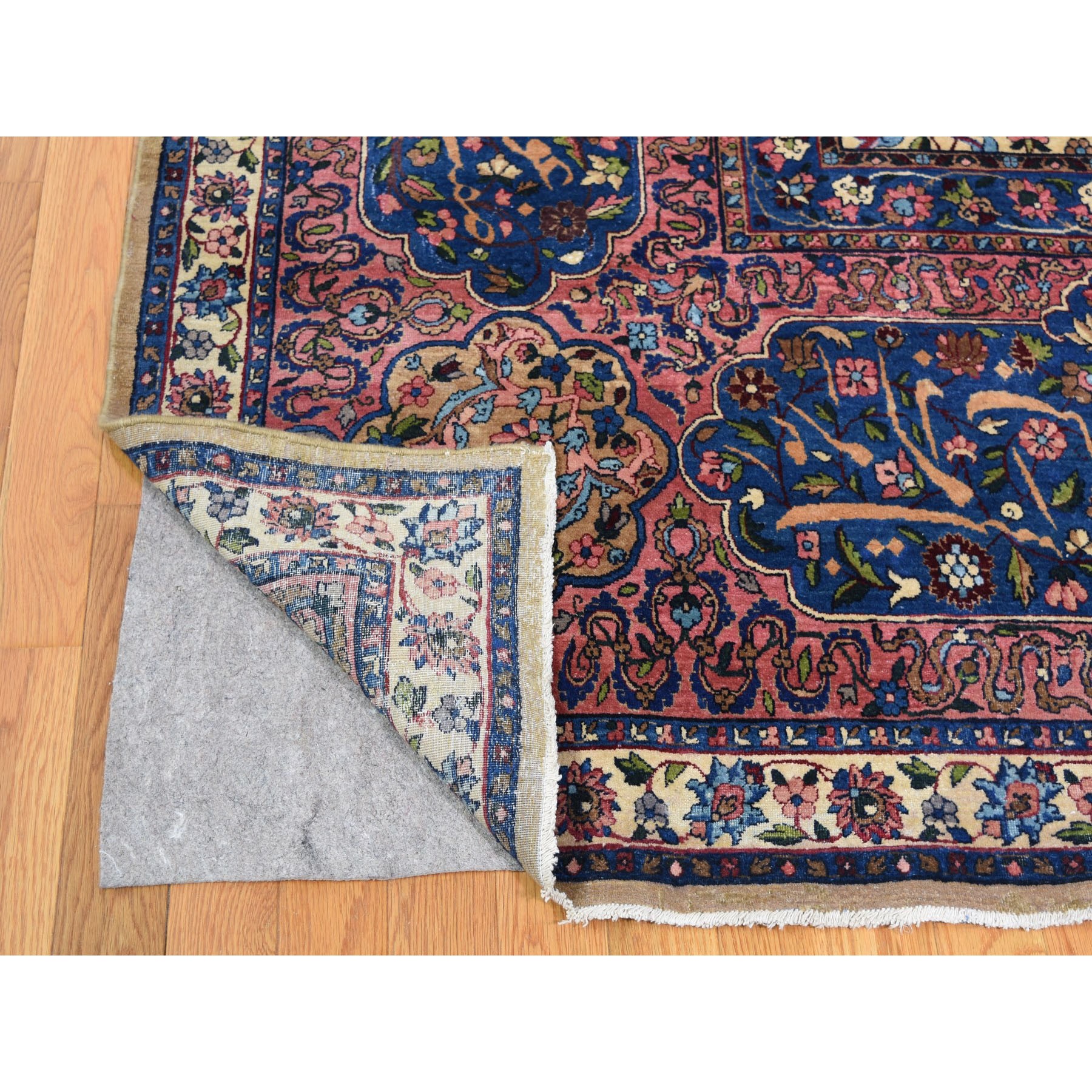 13'5"x19'8" Alabaster White, Antique Persian Kerman with Poetry and Animal Figurines, Birds and Tigers, Hand Knotted, Pure Wool, Oversized Oriental Rug Sh78265