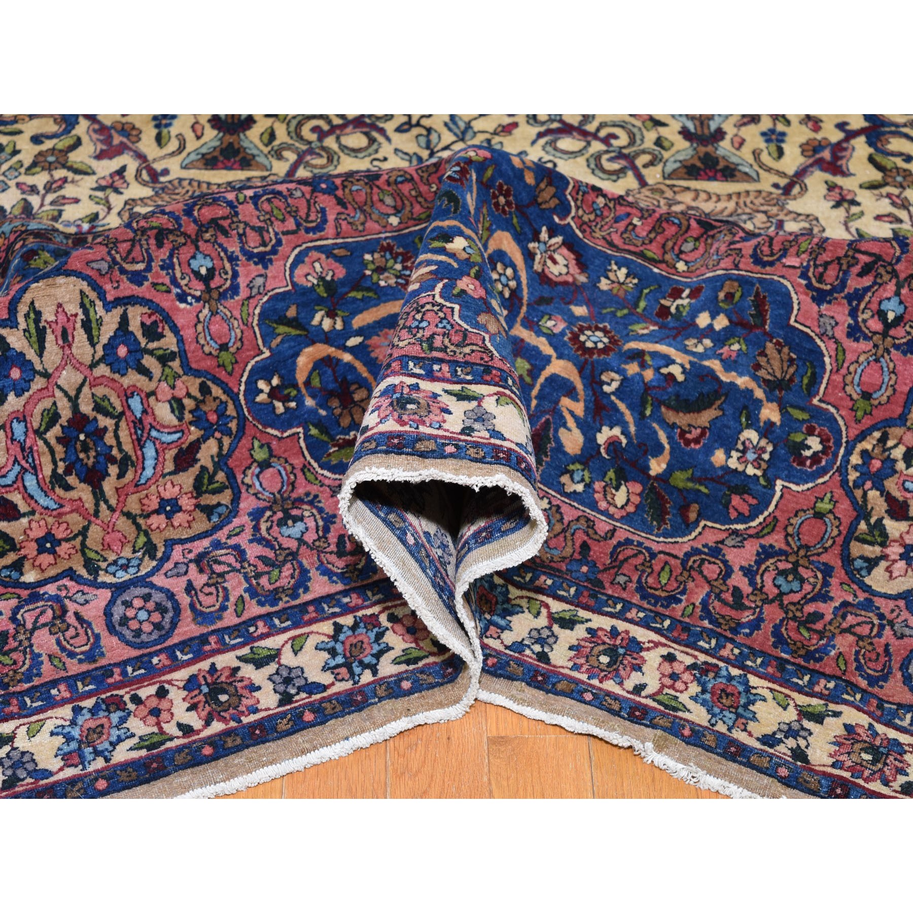 13'5"x19'8" Alabaster White, Antique Persian Kerman with Poetry and Animal Figurines, Birds and Tigers, Hand Knotted, Pure Wool, Oversized Oriental Rug Sh78265