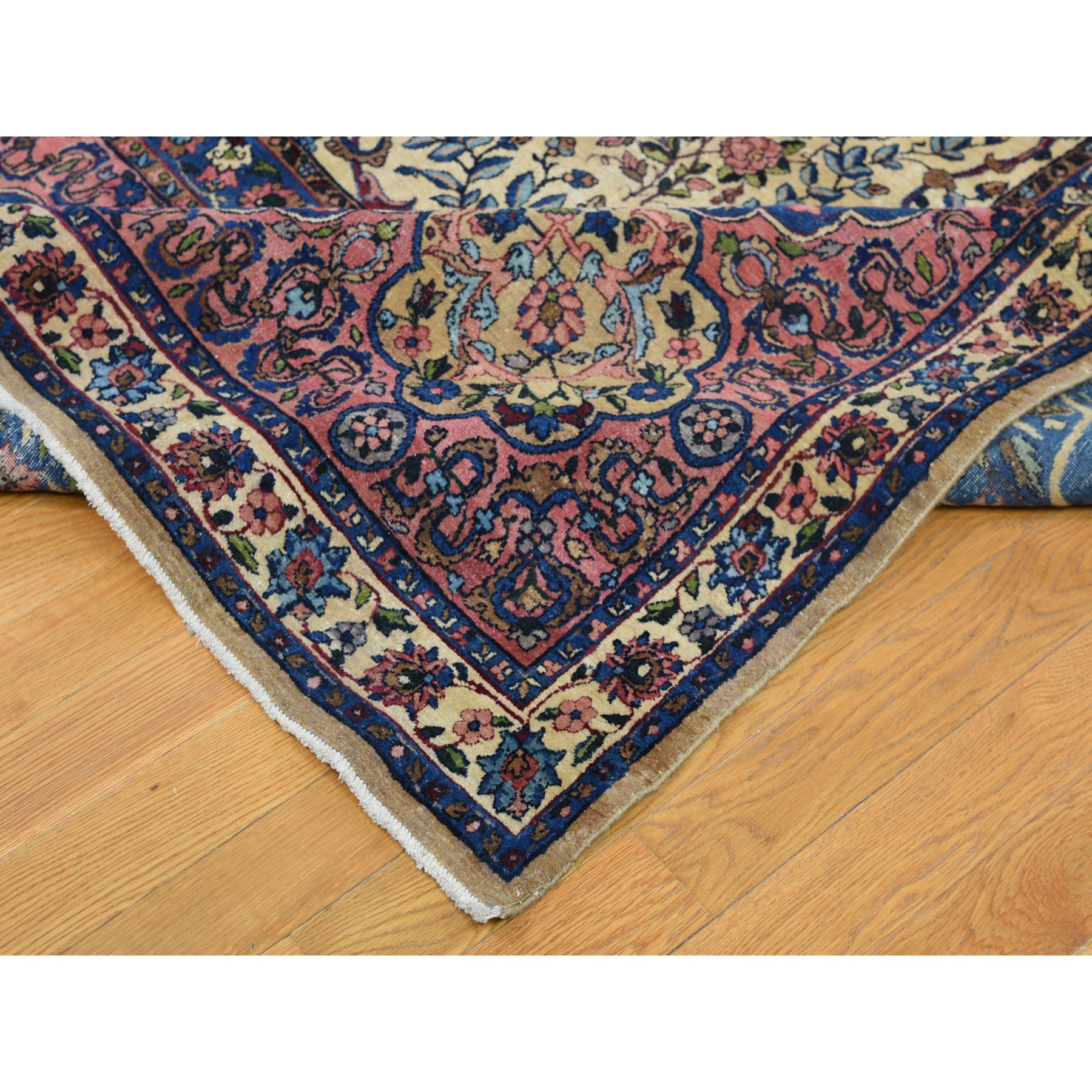 13'5"x19'8" Alabaster White, Antique Persian Kerman with Poetry and Animal Figurines, Birds and Tigers, Hand Knotted, Pure Wool, Oversized Oriental Rug Sh78265