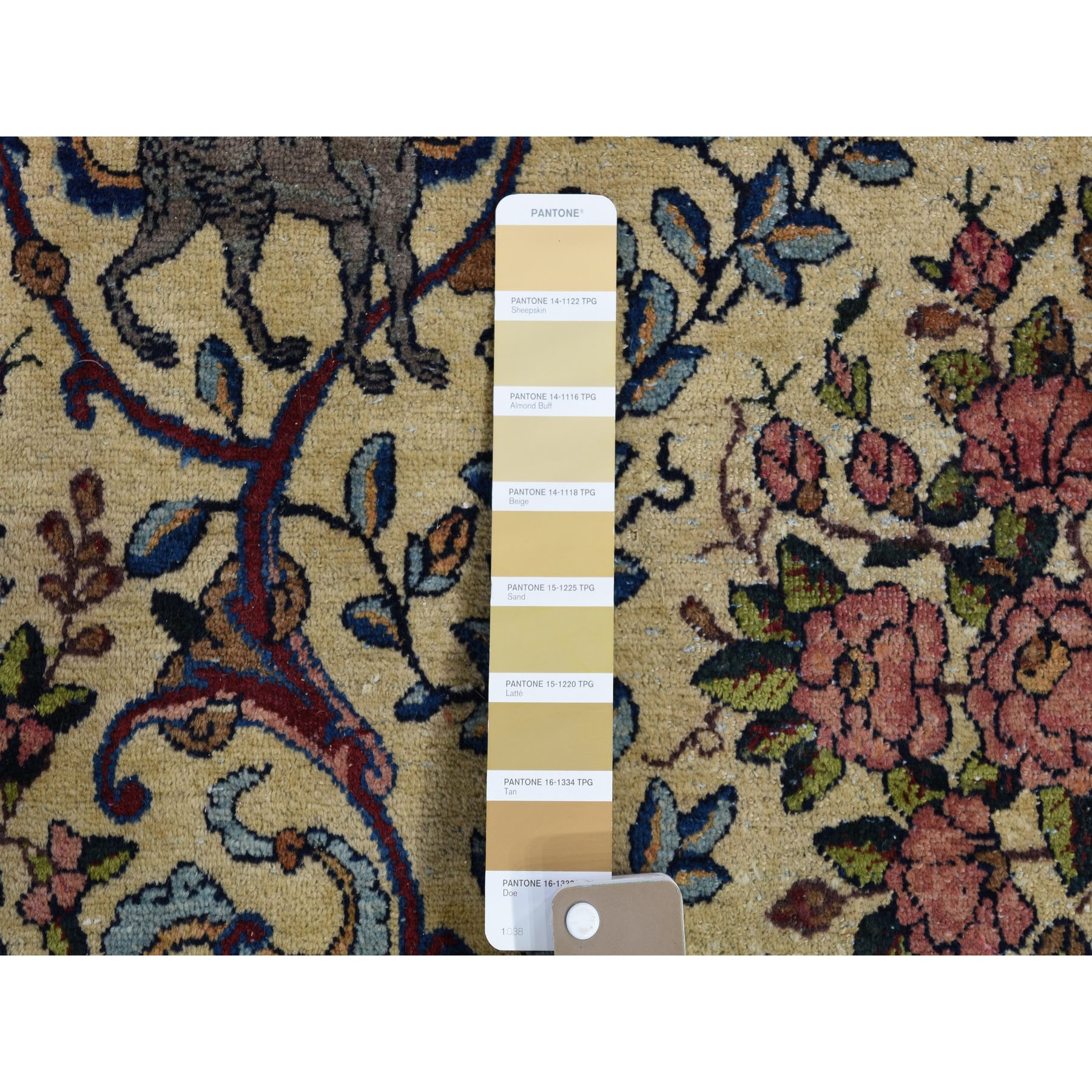 13'5"x19'8" Alabaster White, Antique Persian Kerman with Poetry and Animal Figurines, Birds and Tigers, Hand Knotted, Pure Wool, Oversized Oriental Rug Sh78265