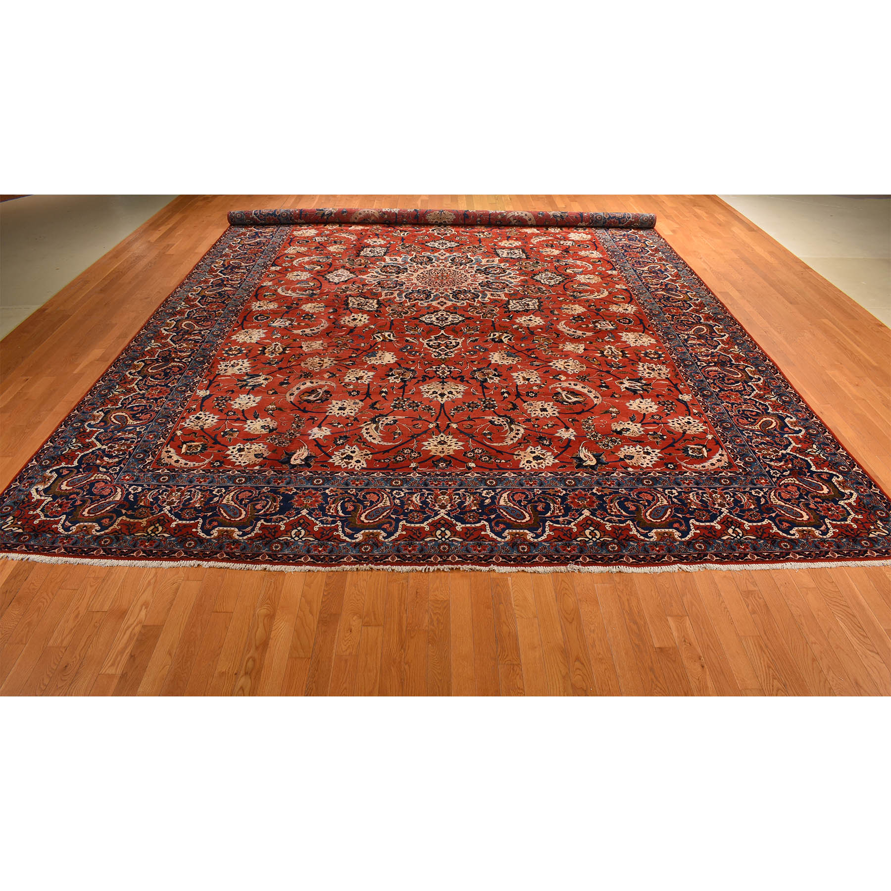 13'10"x21'10" Arsenal Red, Vintage Persian Isfahan, Classic Medallion and Leaf Scrolls Design, Densely Woven, 100% Wool, Hand Knotted, Rare Mansion Size, Oriental Rug Sh78270