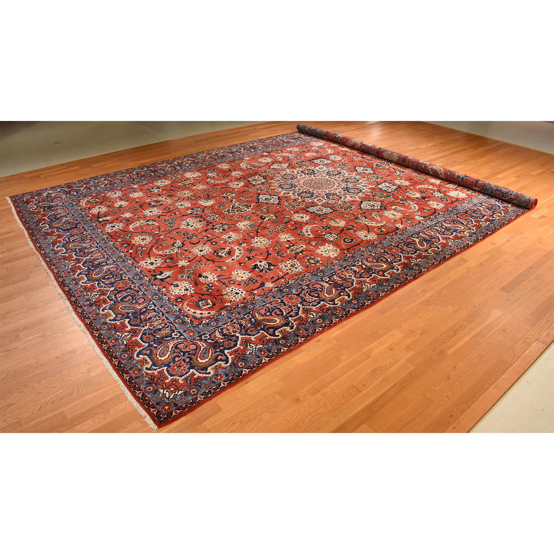 13'10"x21'10" Arsenal Red, Vintage Persian Isfahan, Classic Medallion and Leaf Scrolls Design, Densely Woven, 100% Wool, Hand Knotted, Rare Mansion Size, Oriental Rug Sh78270