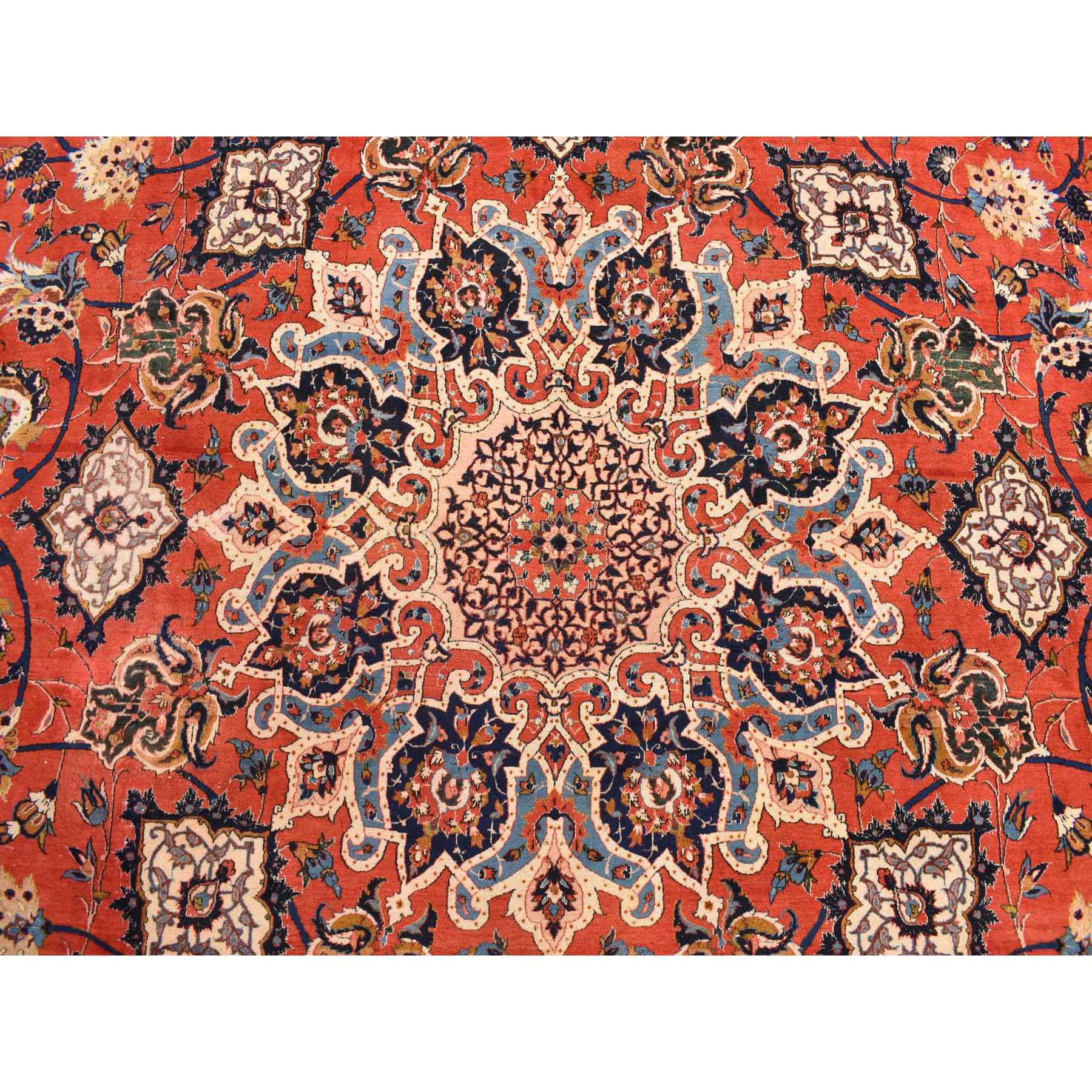 13'10"x21'10" Arsenal Red, Vintage Persian Isfahan, Classic Medallion and Leaf Scrolls Design, Densely Woven, 100% Wool, Hand Knotted, Rare Mansion Size, Oriental Rug Sh78270
