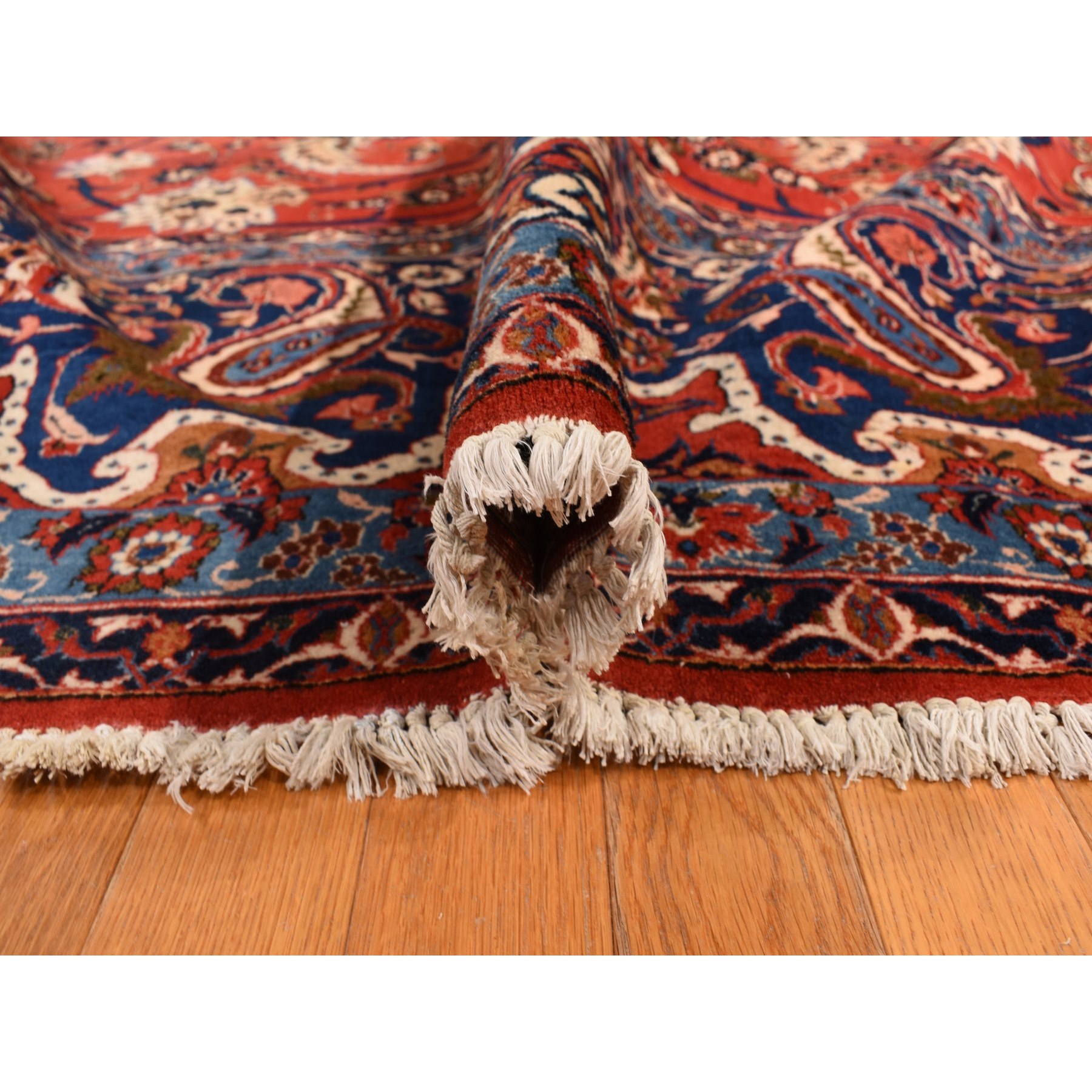 13'10"x21'10" Arsenal Red, Vintage Persian Isfahan, Classic Medallion and Leaf Scrolls Design, Densely Woven, 100% Wool, Hand Knotted, Rare Mansion Size, Oriental Rug Sh78270