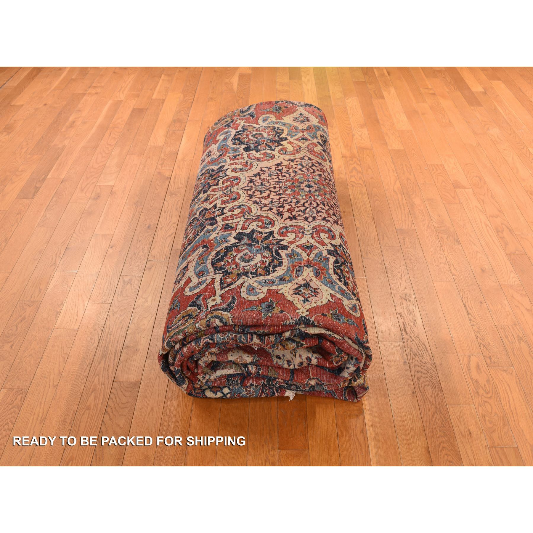 13'10"x21'10" Arsenal Red, Vintage Persian Isfahan, Classic Medallion and Leaf Scrolls Design, Densely Woven, 100% Wool, Hand Knotted, Rare Mansion Size, Oriental Rug Sh78270