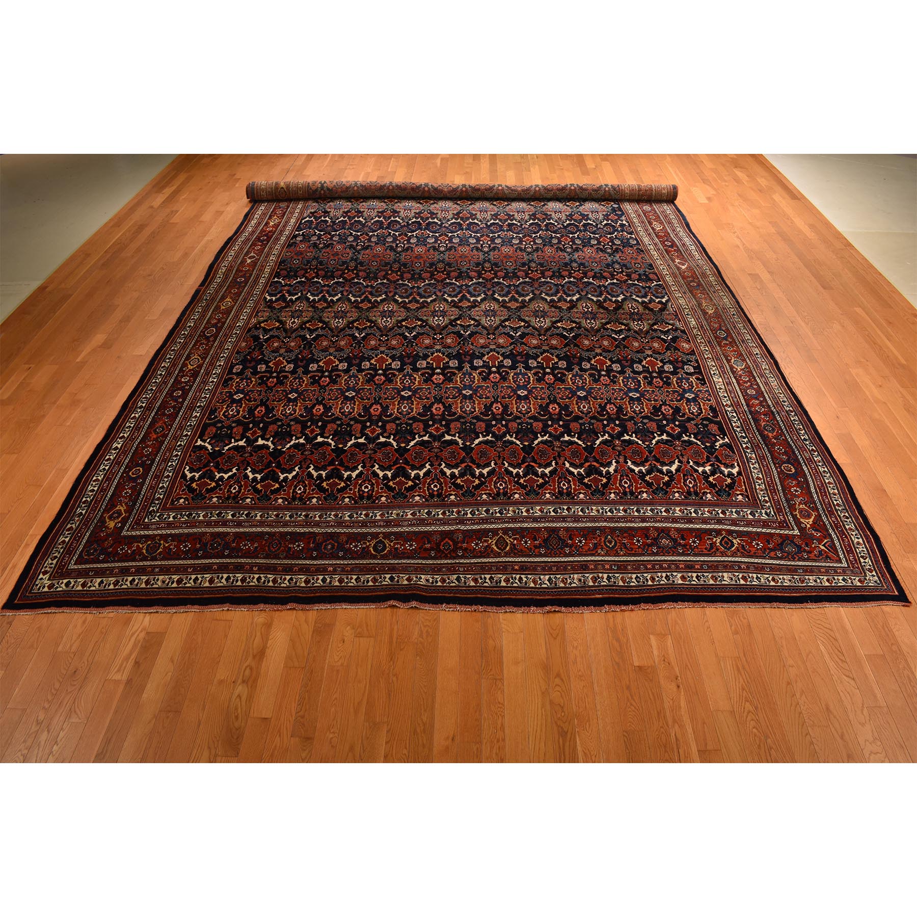 12'6"x20'1" Midnight Blue, Antique Persian Bijar, Densley Woven with Fine Wool, Good Condition, Repetitive All Over Tribal Guls Design, Hand Knotted, Oversized, Oriental Rug Sh78272