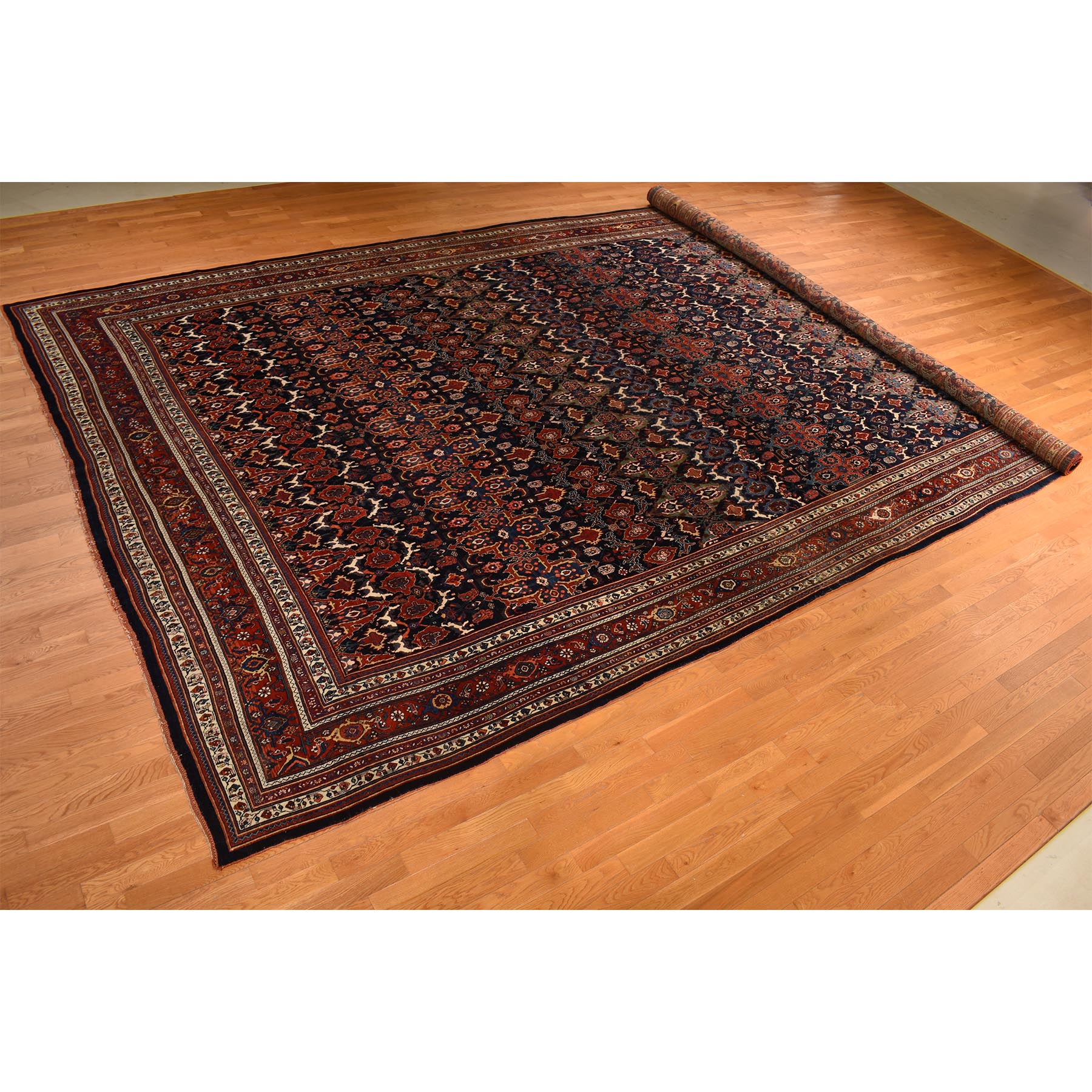 12'6"x20'1" Midnight Blue, Antique Persian Bijar, Densley Woven with Fine Wool, Good Condition, Repetitive All Over Tribal Guls Design, Hand Knotted, Oversized, Oriental Rug Sh78272