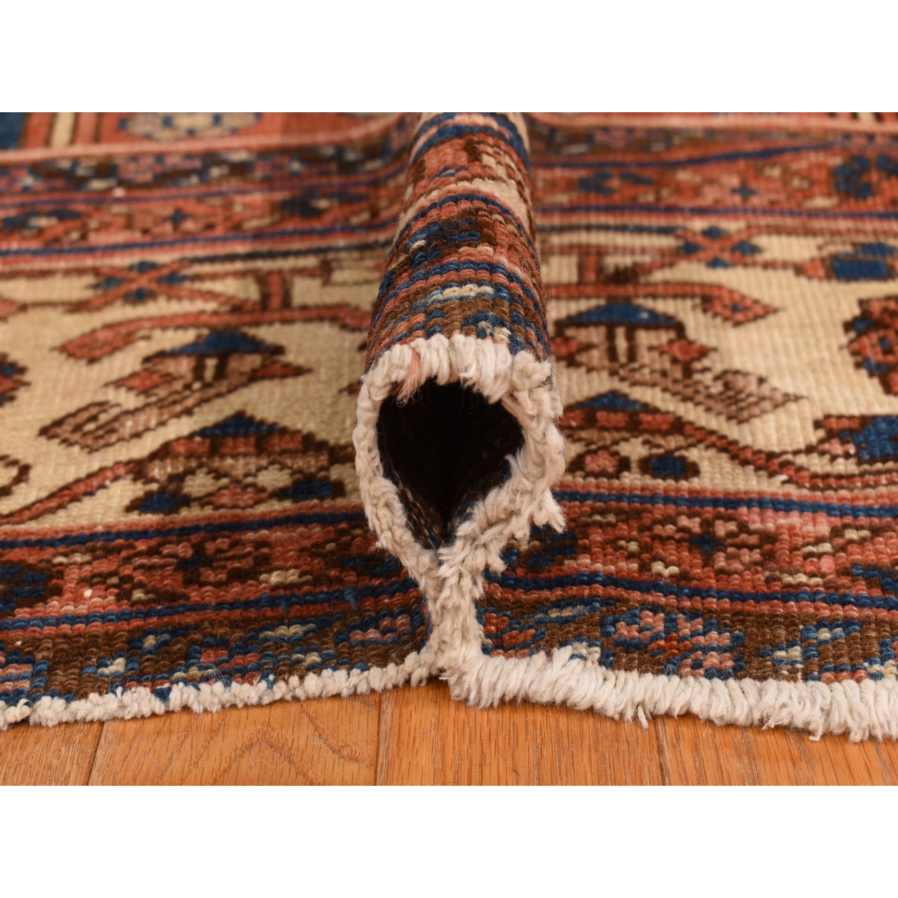 12'6"x19'6" Dark Coral, Antique Persian Bakshaish with Geometric Anchored Medallion Design, Even Wear, Clean, Good Condition, Sides and Ends Secured, 100% Wool, Hand Knotted, XL Long and Narrow, Oriental Rug Sh78276
