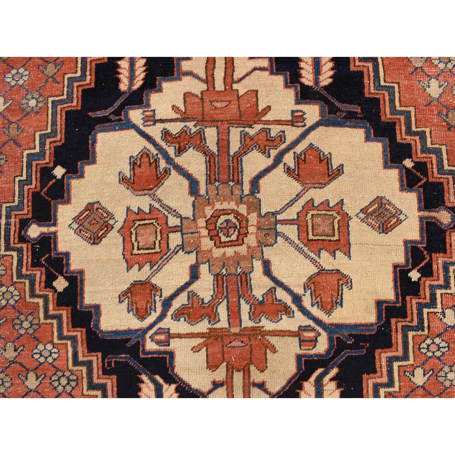 12'6"x19'6" Dark Coral, Antique Persian Bakshaish with Geometric Anchored Medallion Design, Even Wear, Clean, Good Condition, Sides and Ends Secured, 100% Wool, Hand Knotted, XL Long and Narrow, Oriental Rug Sh78276