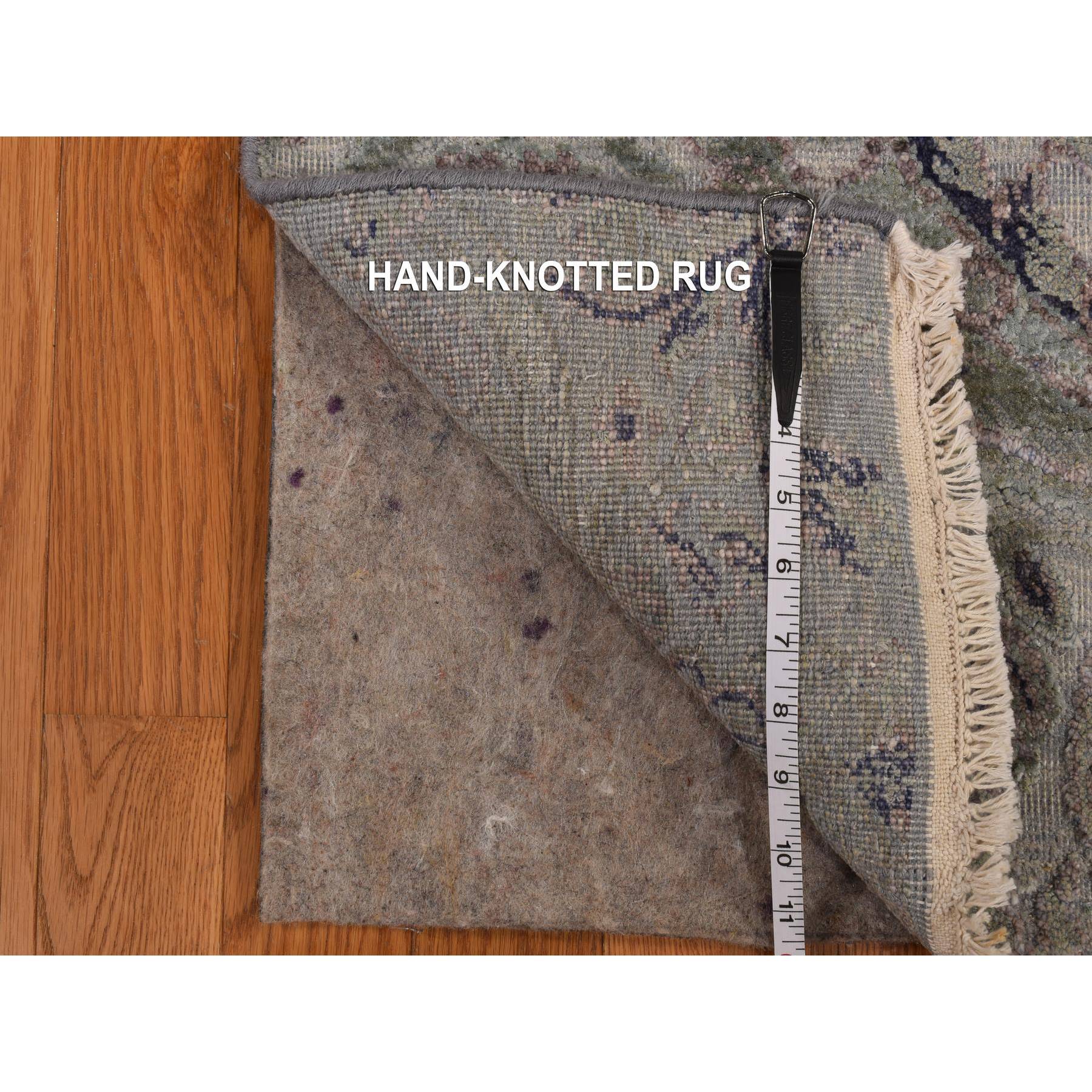 3'x11'10" Mist Gray, Tulip Flower Design, Pure Silk with Textured Wool, Hand Knotted, Runner, Oriental Rug Sh78282