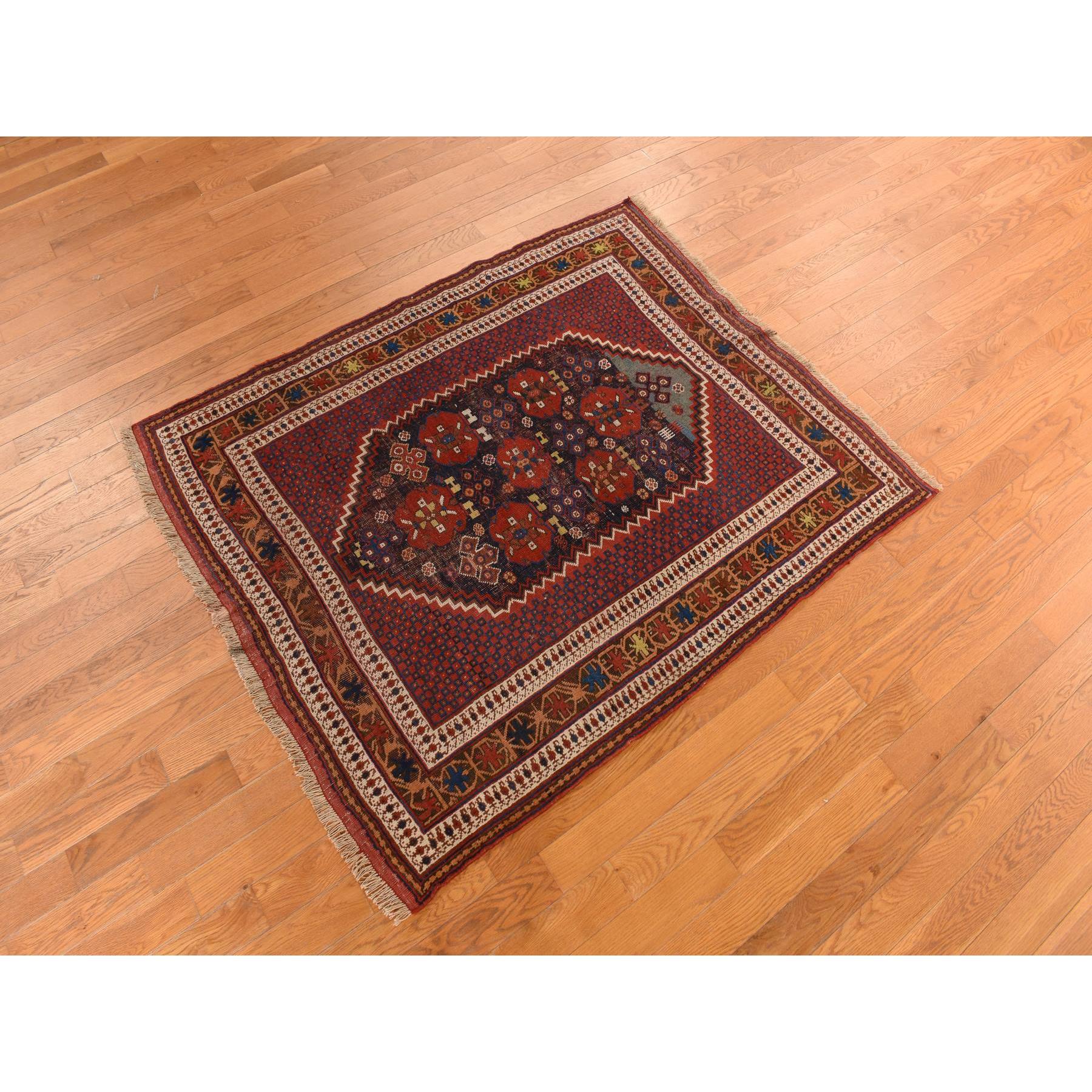 4'1"x5' Midnight Blue with Crimson Red, Antique Persian Afshar, Clean, Even Wear, Wool Weft, Intricate Repetitive Design, Multiple Borders, 100% Wool, Hand Knotted, Oriental, Squarish Rug Sh78283