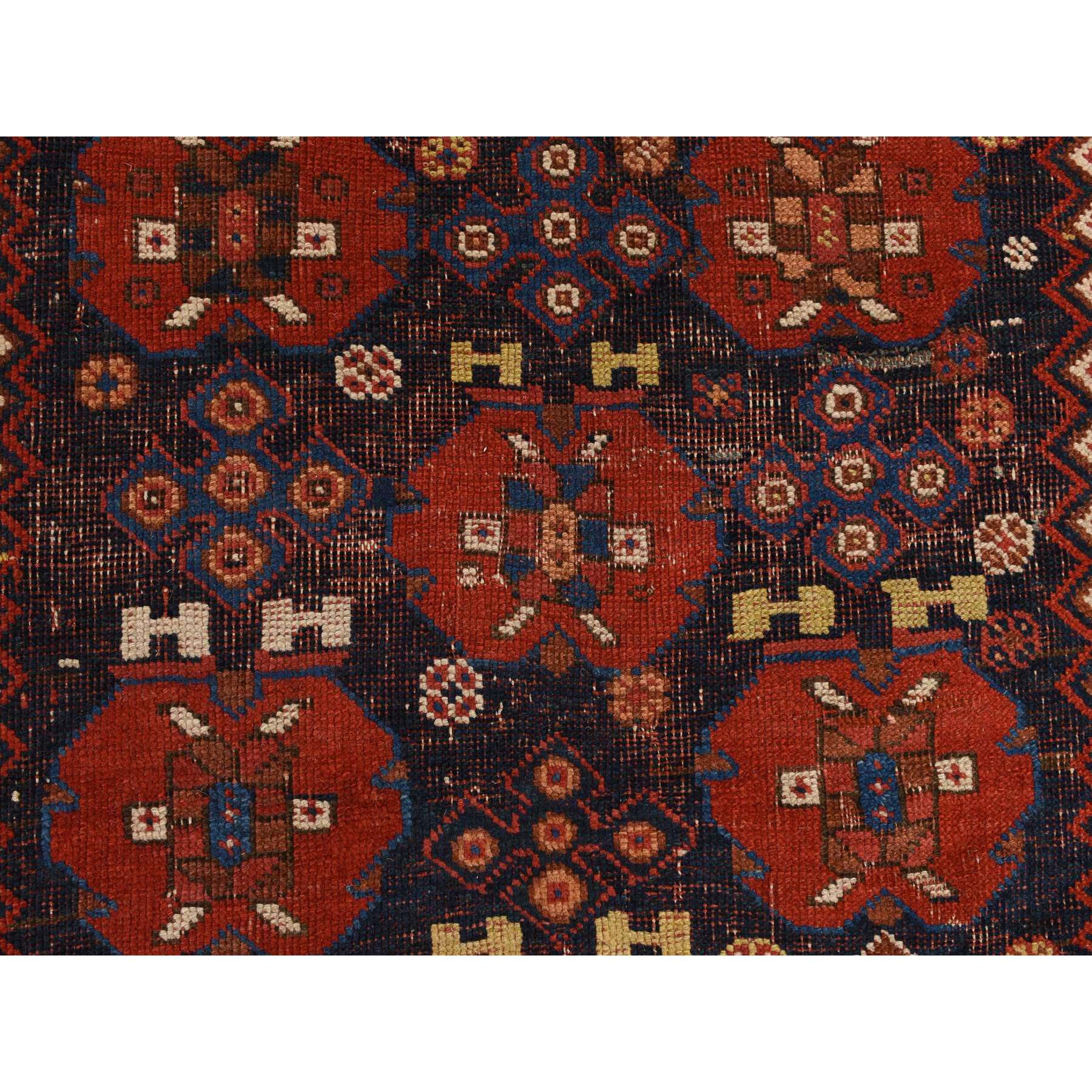 4'1"x5' Midnight Blue with Crimson Red, Antique Persian Afshar, Clean, Even Wear, Wool Weft, Intricate Repetitive Design, Multiple Borders, 100% Wool, Hand Knotted, Oriental, Squarish Rug Sh78283