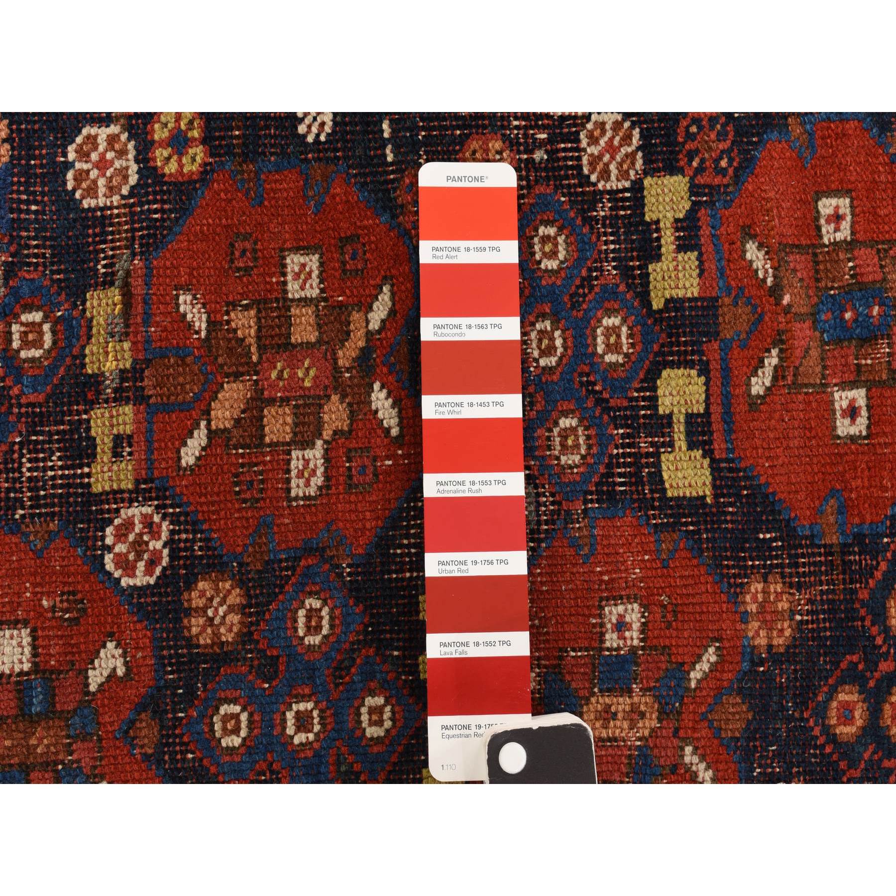 4'1"x5' Midnight Blue with Crimson Red, Antique Persian Afshar, Clean, Even Wear, Wool Weft, Intricate Repetitive Design, Multiple Borders, 100% Wool, Hand Knotted, Oriental, Squarish Rug Sh78283