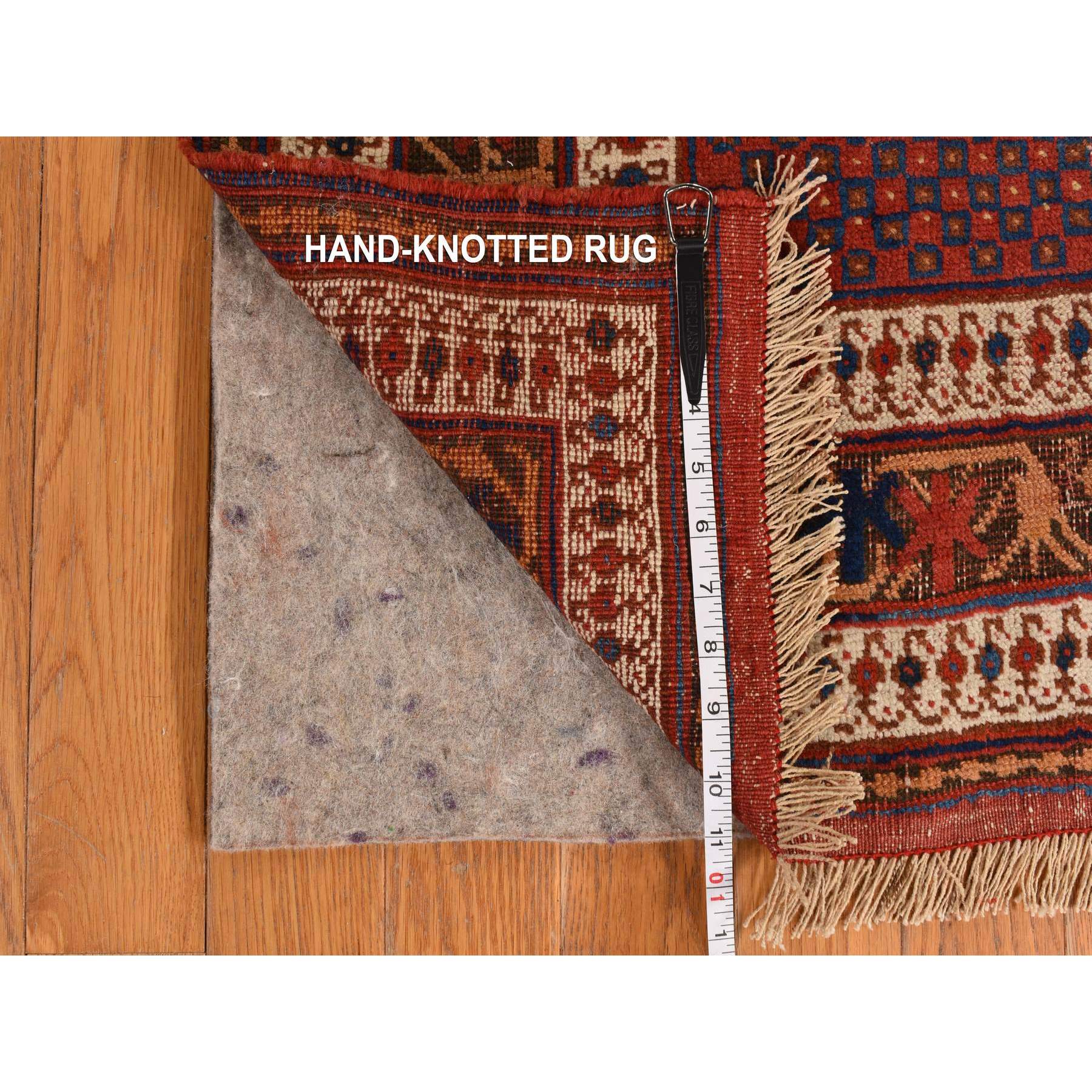 4'1"x5' Midnight Blue with Crimson Red, Antique Persian Afshar, Clean, Even Wear, Wool Weft, Intricate Repetitive Design, Multiple Borders, 100% Wool, Hand Knotted, Oriental, Squarish Rug Sh78283