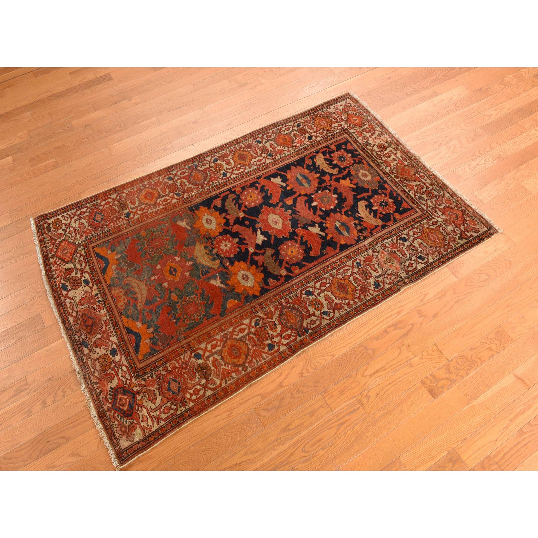 4'x6'2" Midnight Blue with Burnt Orange, Antique North West Persian, Clean, Even Wear, Distinct Abrash, Multiple Borders, Serated Leaf and Large Scale Tribal Flower Design, 100% Wool, Hand Knotted, Oriental Rug Sh78284