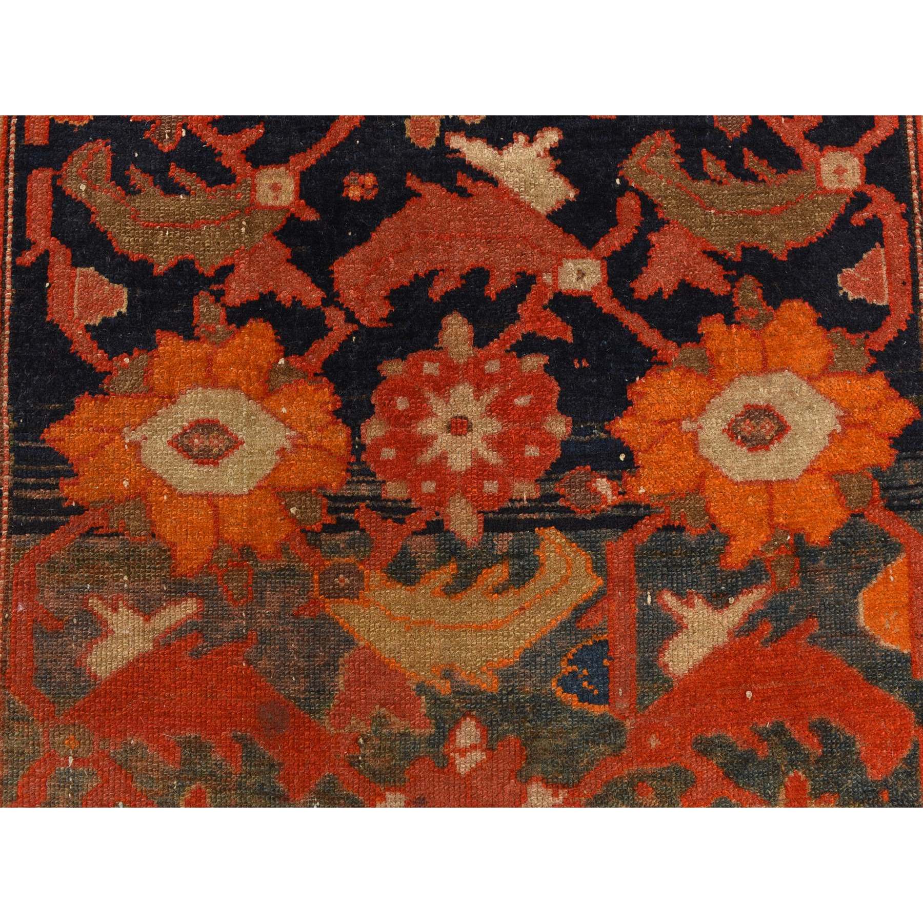 4'x6'2" Midnight Blue with Burnt Orange, Antique North West Persian, Clean, Even Wear, Distinct Abrash, Multiple Borders, Serated Leaf and Large Scale Tribal Flower Design, 100% Wool, Hand Knotted, Oriental Rug Sh78284