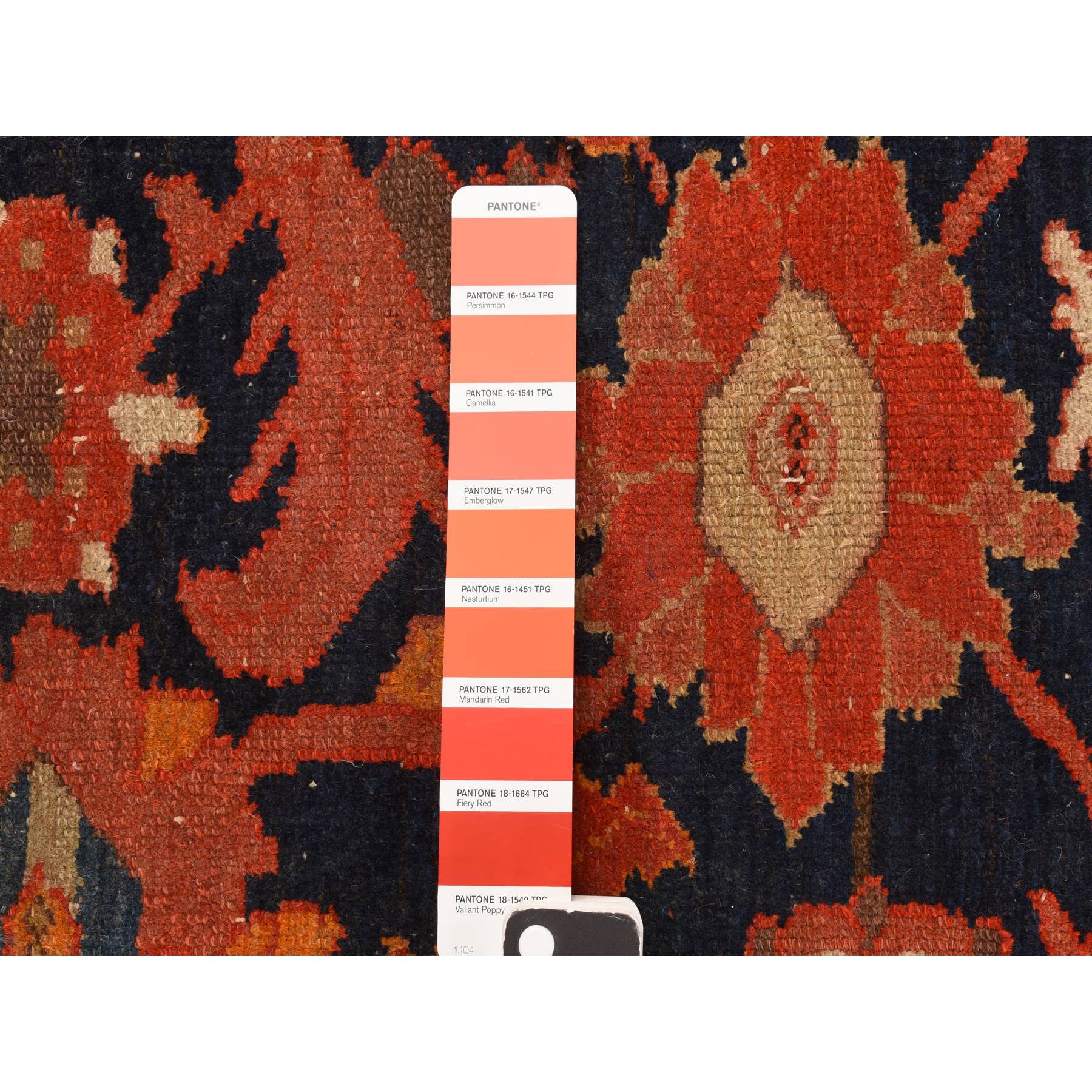 4'x6'2" Midnight Blue with Burnt Orange, Antique North West Persian, Clean, Even Wear, Distinct Abrash, Multiple Borders, Serated Leaf and Large Scale Tribal Flower Design, 100% Wool, Hand Knotted, Oriental Rug Sh78284
